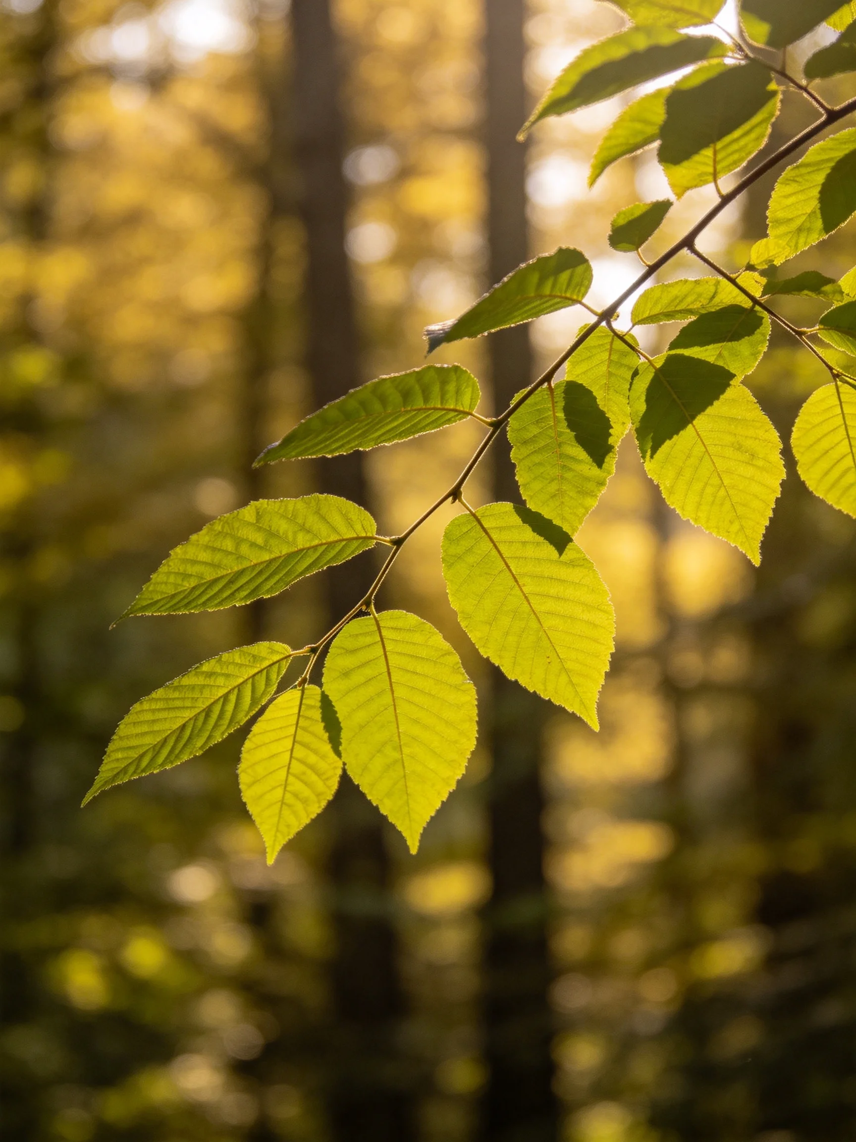 Sunlit Green Leaves Amidst a Golden Forest