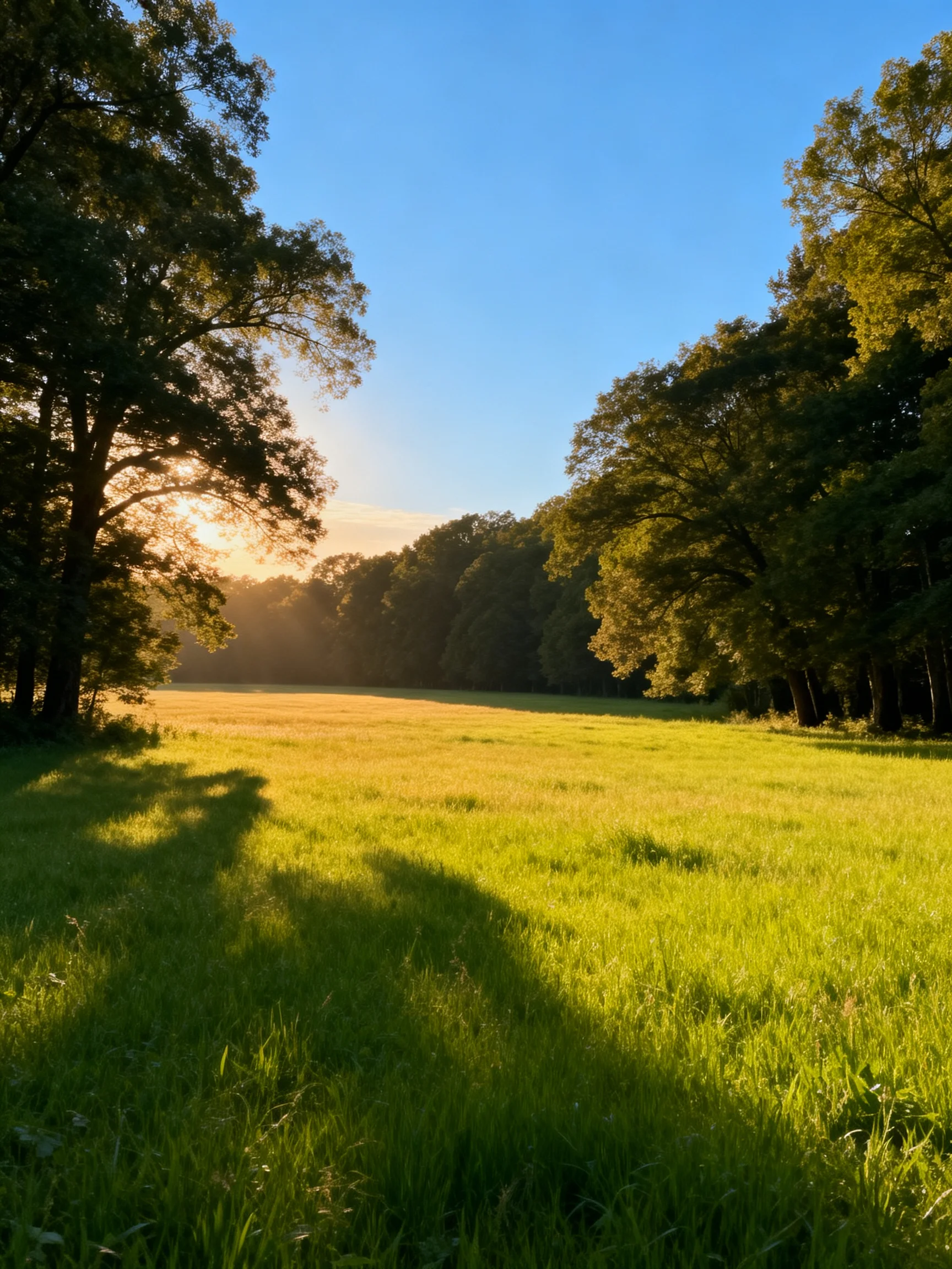 Sunlit Green Meadow with Lush Trees and Vibrant Sky