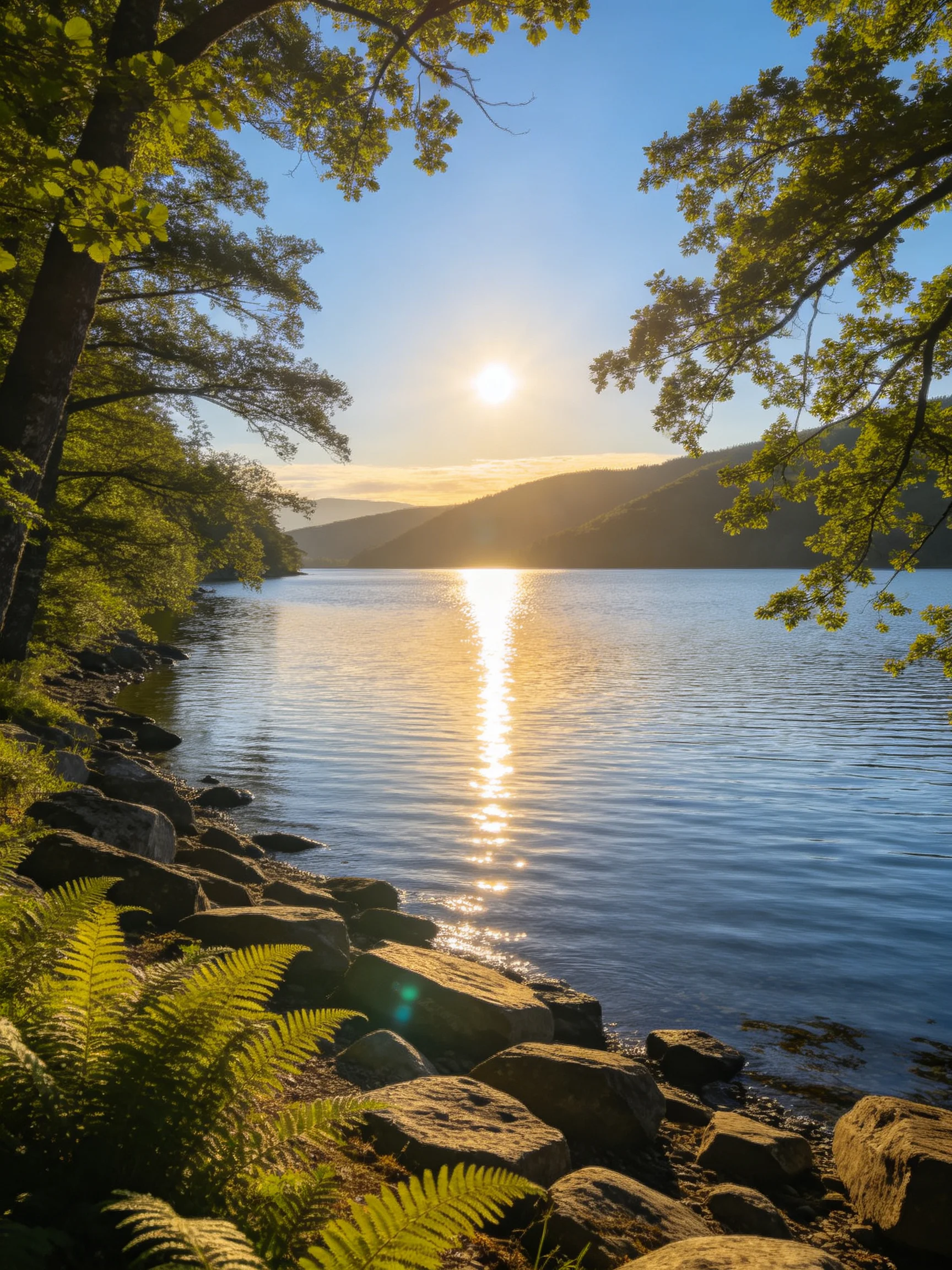 Sunlit Lake with Lush Greenery and Rocky Shoreline