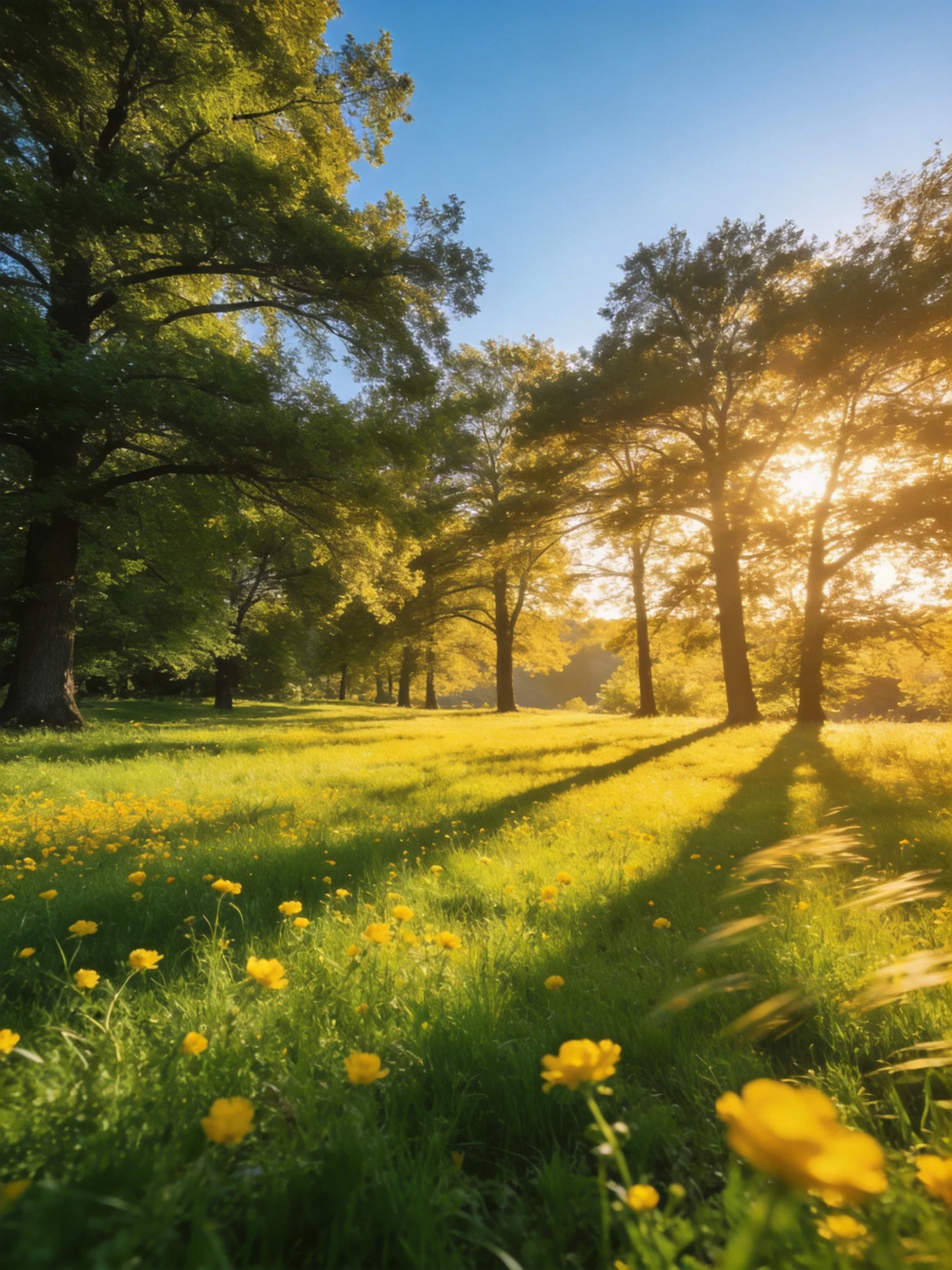 Sunlit Meadow with Yellow Wildflowers and Tall Trees