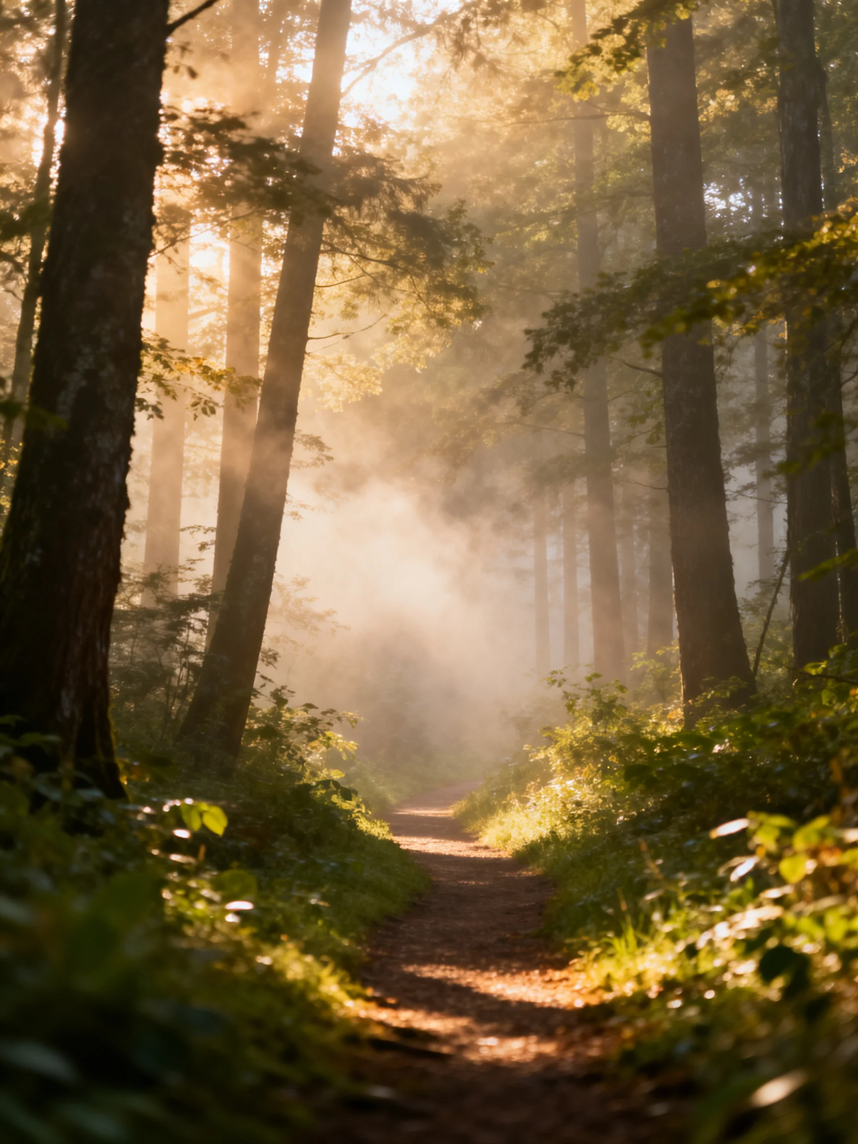Sunlit Misty Forest Path Through Tall Trees With Golden Light