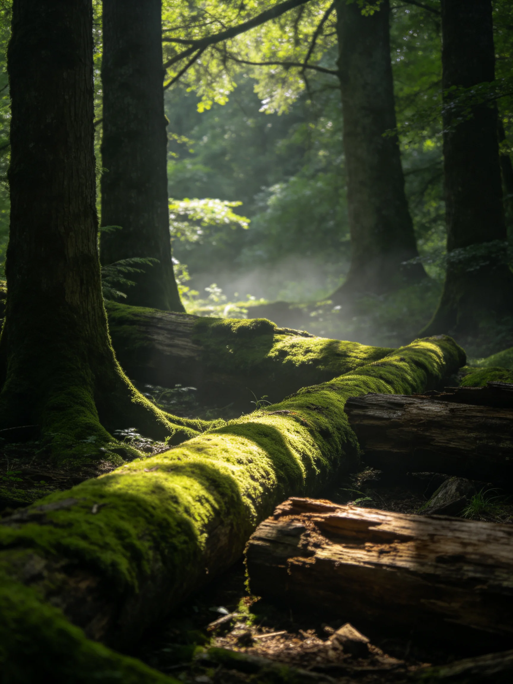 Sunlit Misty Forest With Moss-Covered Fallen Logs