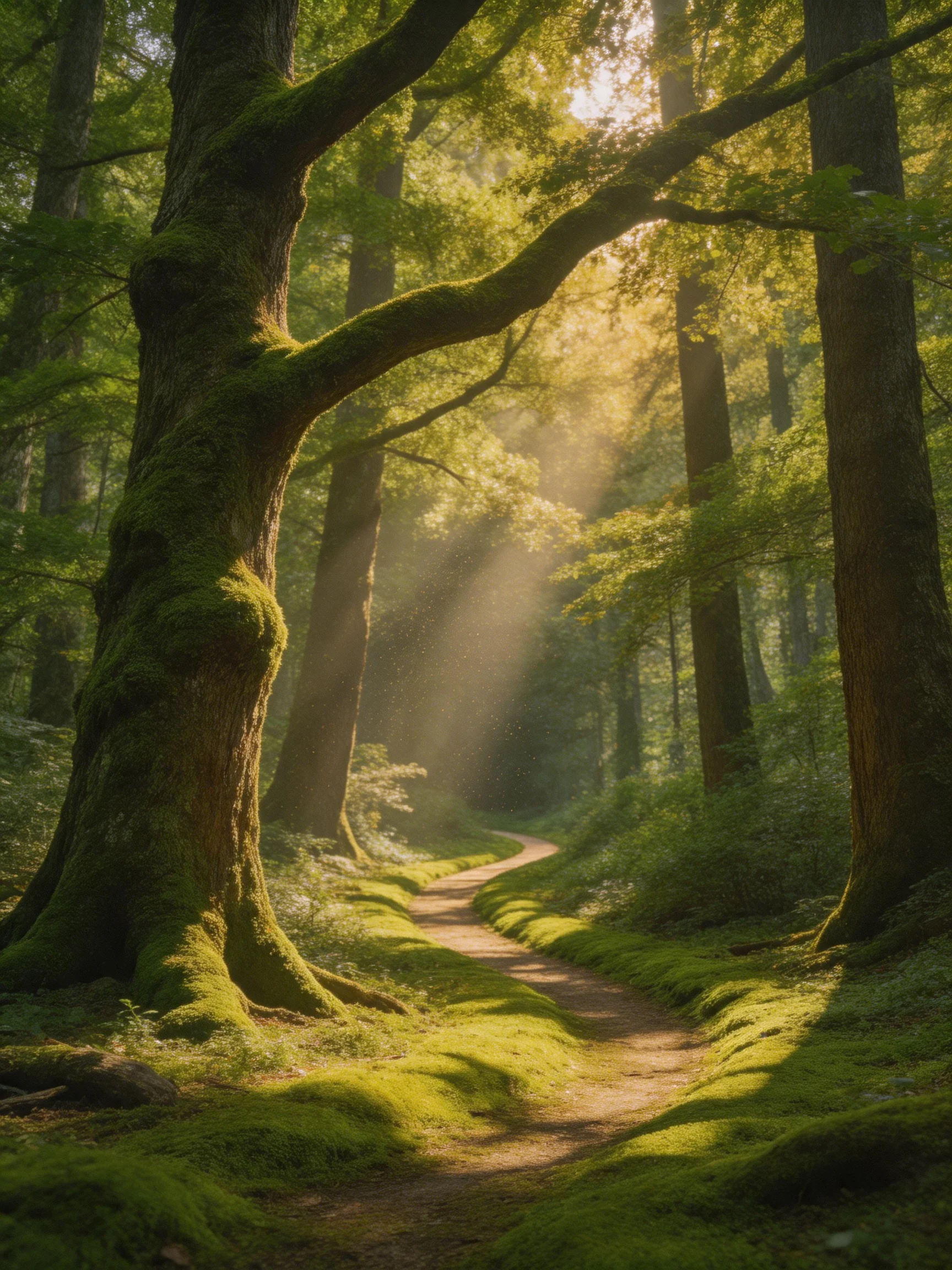 Sunlit Moss-Covered Forest Path With Towering Trees