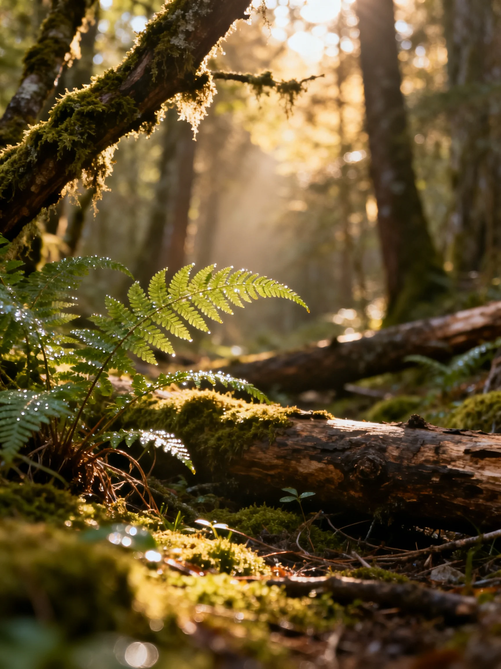 Sunlit Mossy Forest with Ferns and Fallen Logs