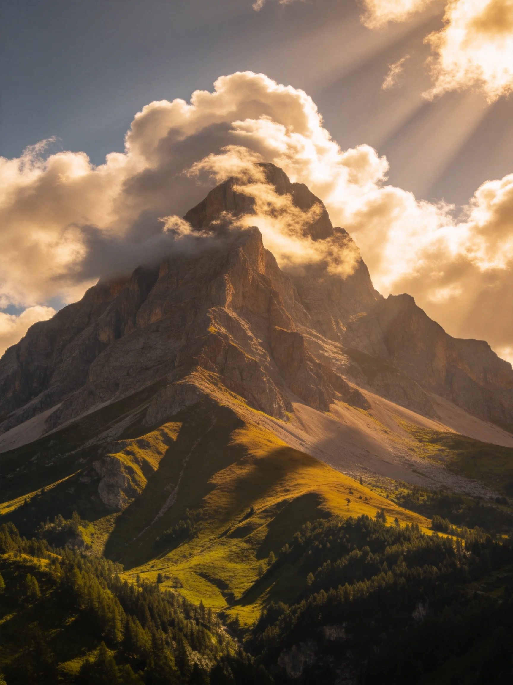 Sunlit Mountain Peak with Clouds and Forested Slopes