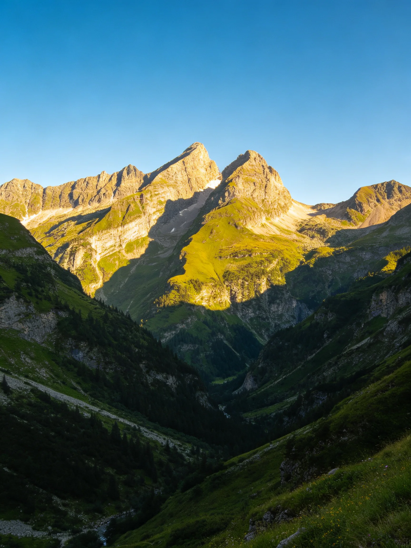Sunlit Mountain Peaks with Verdant Valleys Under Clear Blue Sky