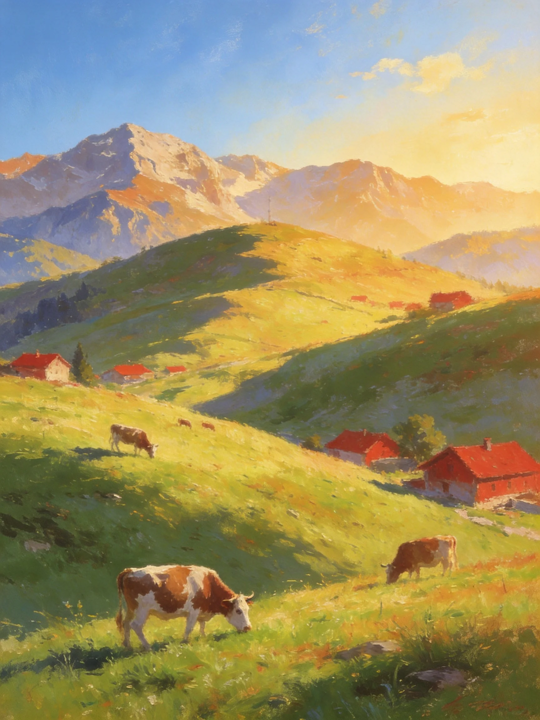 Sunlit Mountain Valley with Cows and Red-Capped Farmhouses