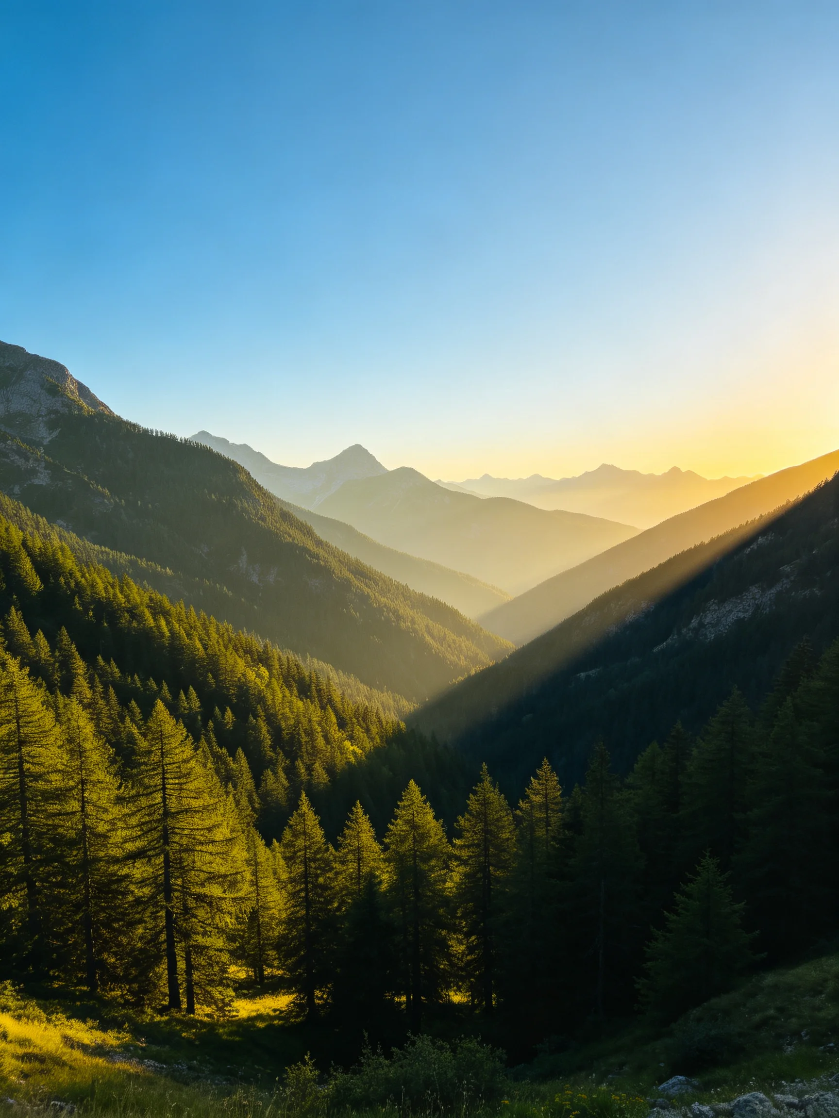 Sunlit Mountain Valley with Dense Evergreen Forests
