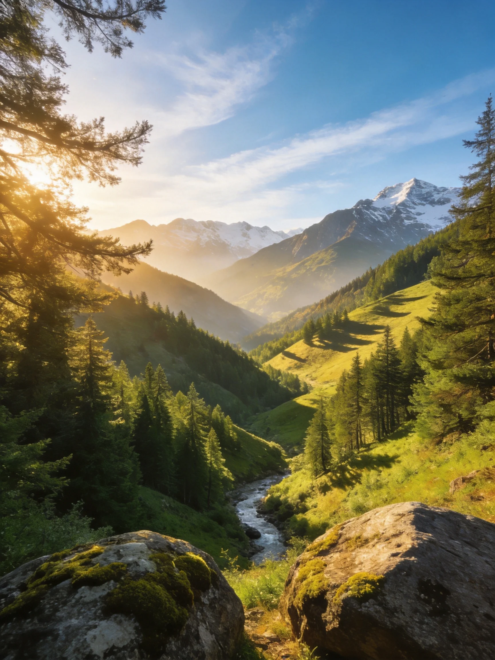 Sunlit Mountain Valley with Dense Forests and Flowing River
