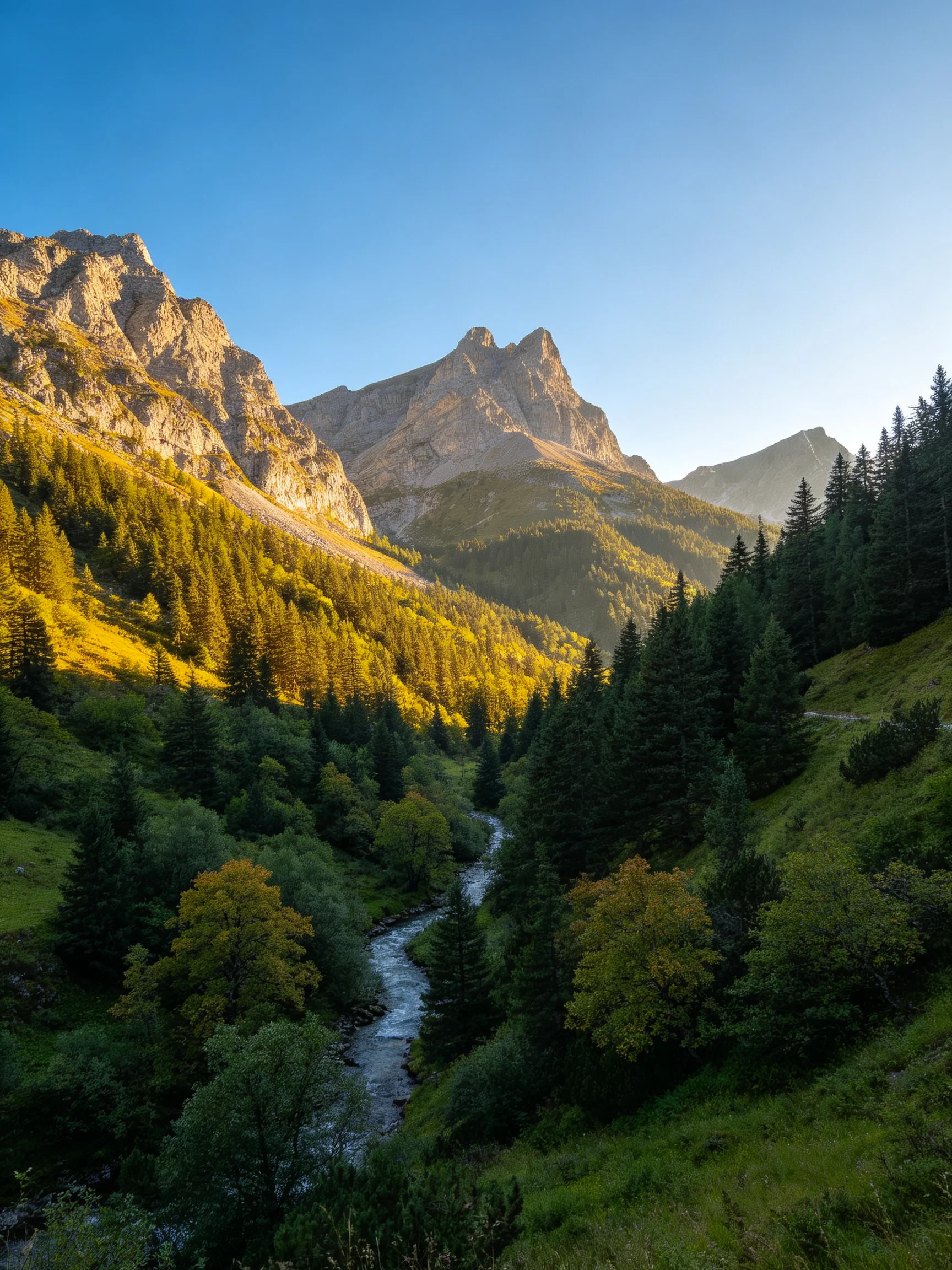 Sunlit Mountain Valley with Dense Forests and Flowing Stream