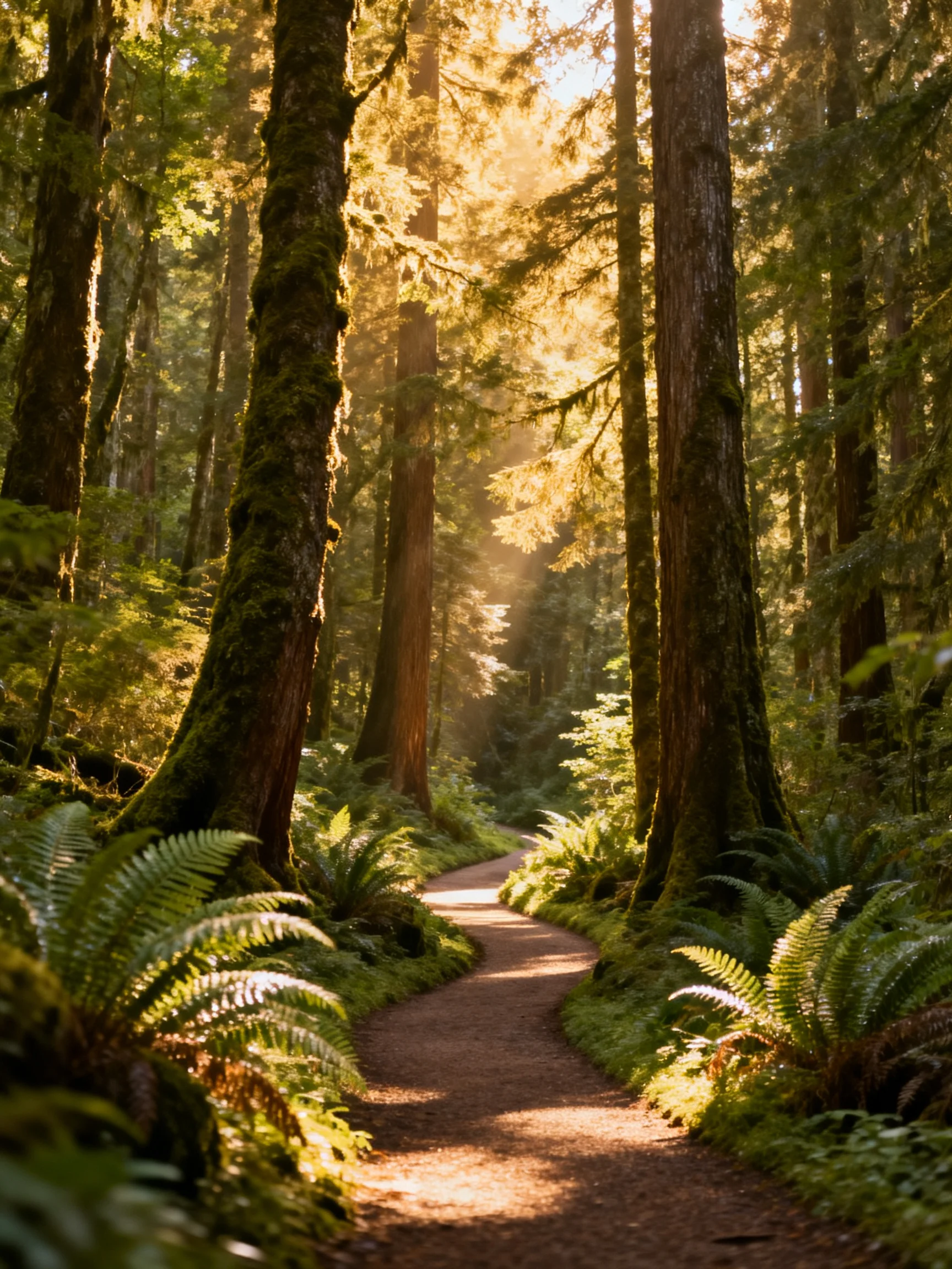 Sunlit Path Through Dense Green Forest With Tall Trees