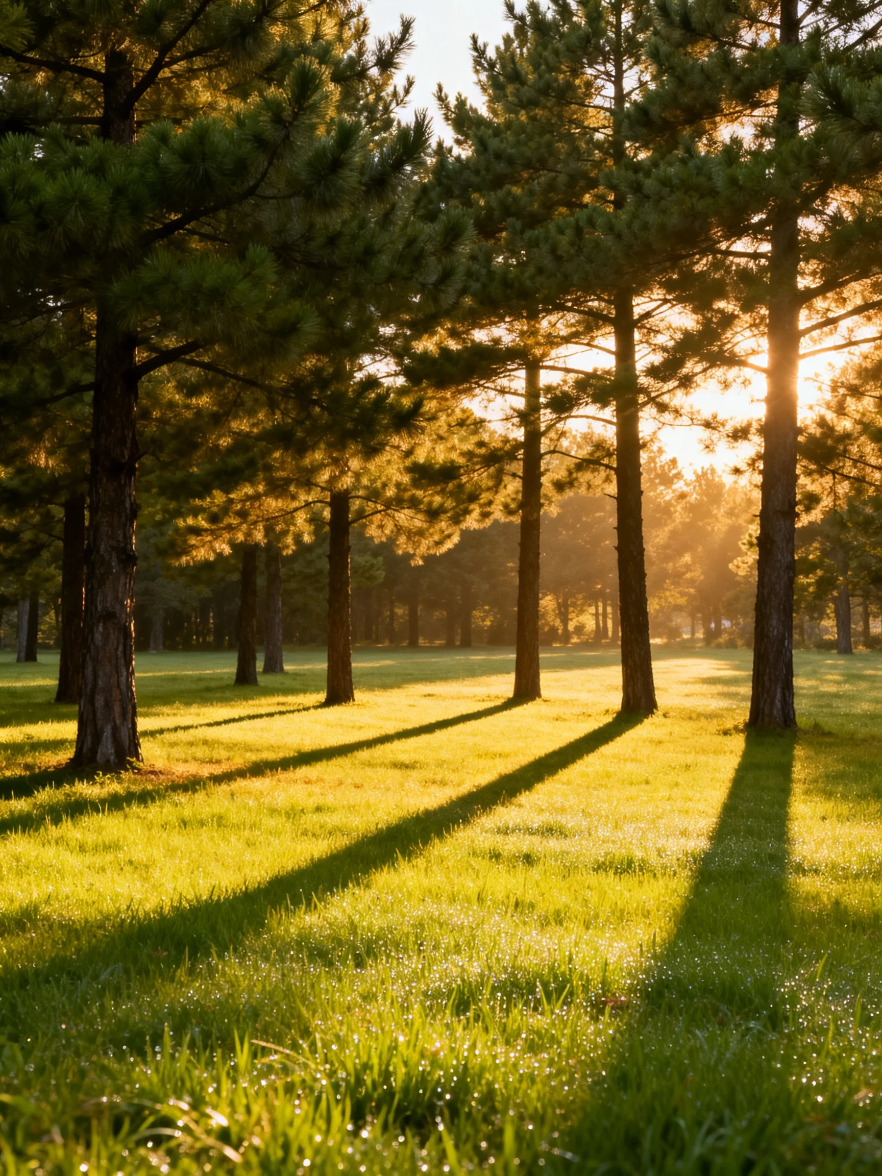 Sunlit Pine Forest with Golden Light and Lush Green Grass