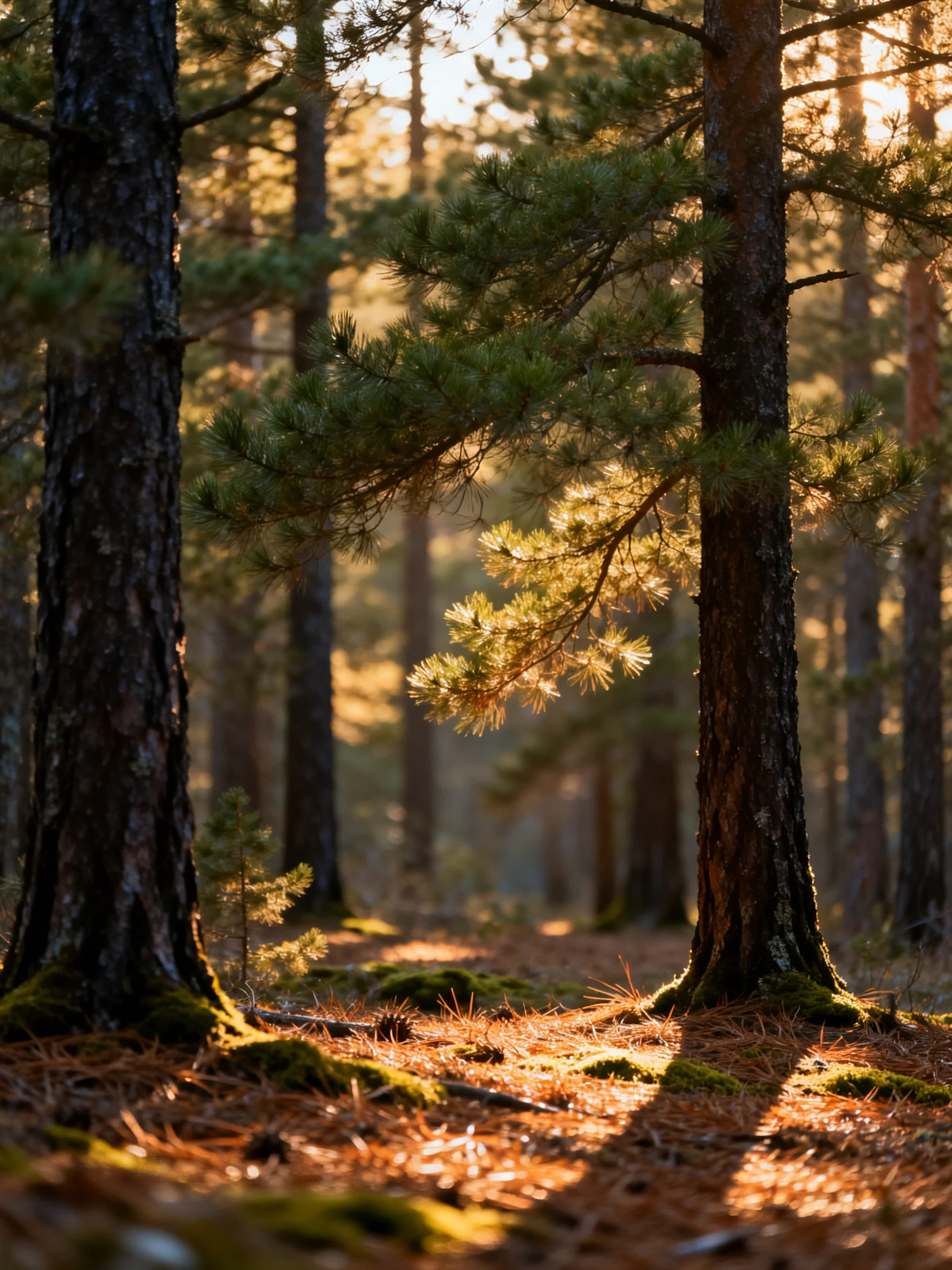 Sunlit Pine Forest with Moss-Covered Trunks and Golden Light