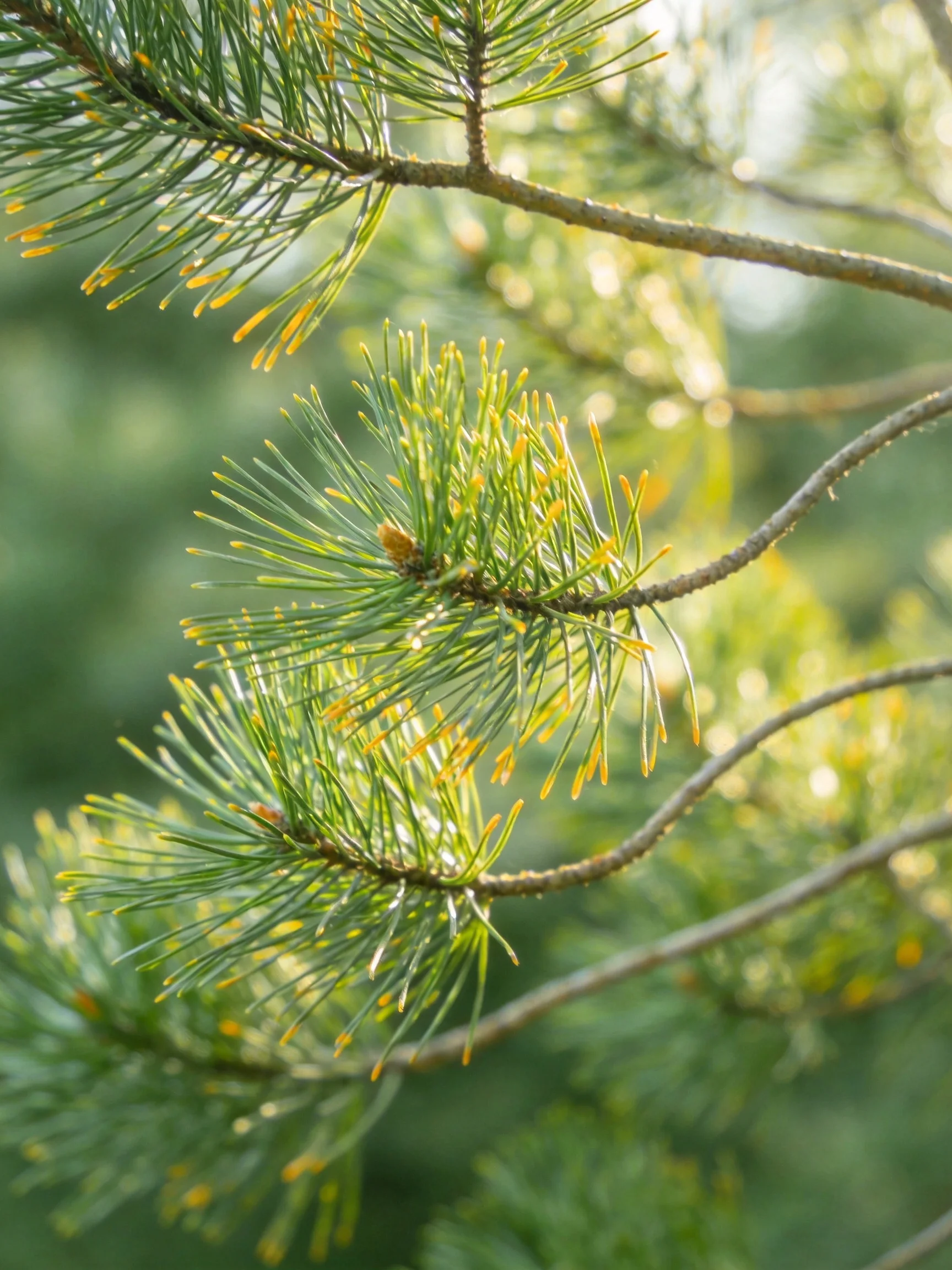 Sunlit Pine Needles with Green Branches and Yellow Tips