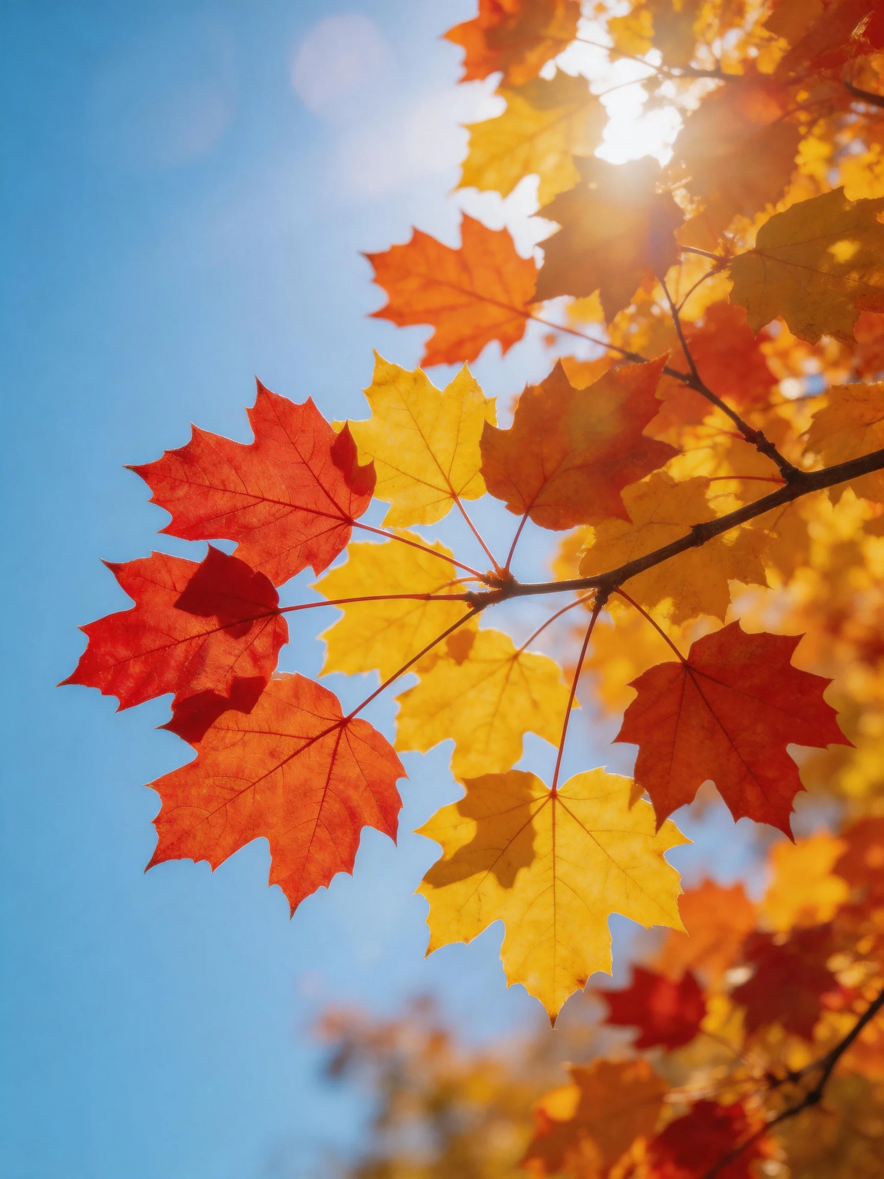 Sunlit Red and Yellow Maple Leaves Against Clear Blue Sky