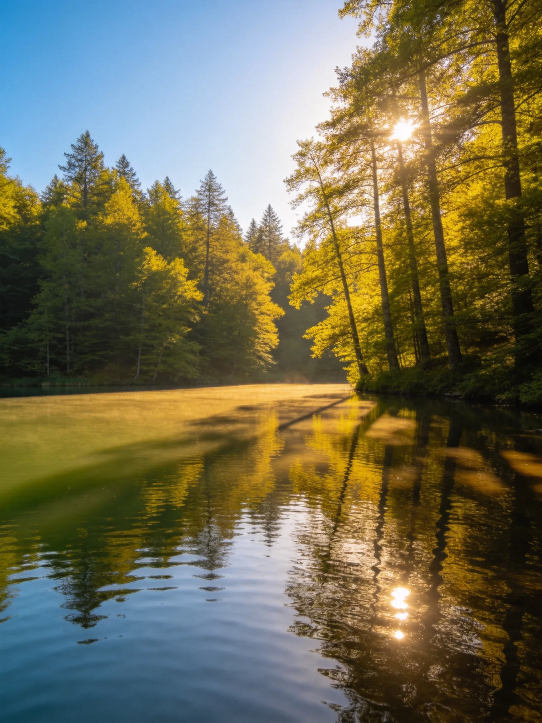 Sunlit River Reflecting Golden Forest and Clear Blue Sky