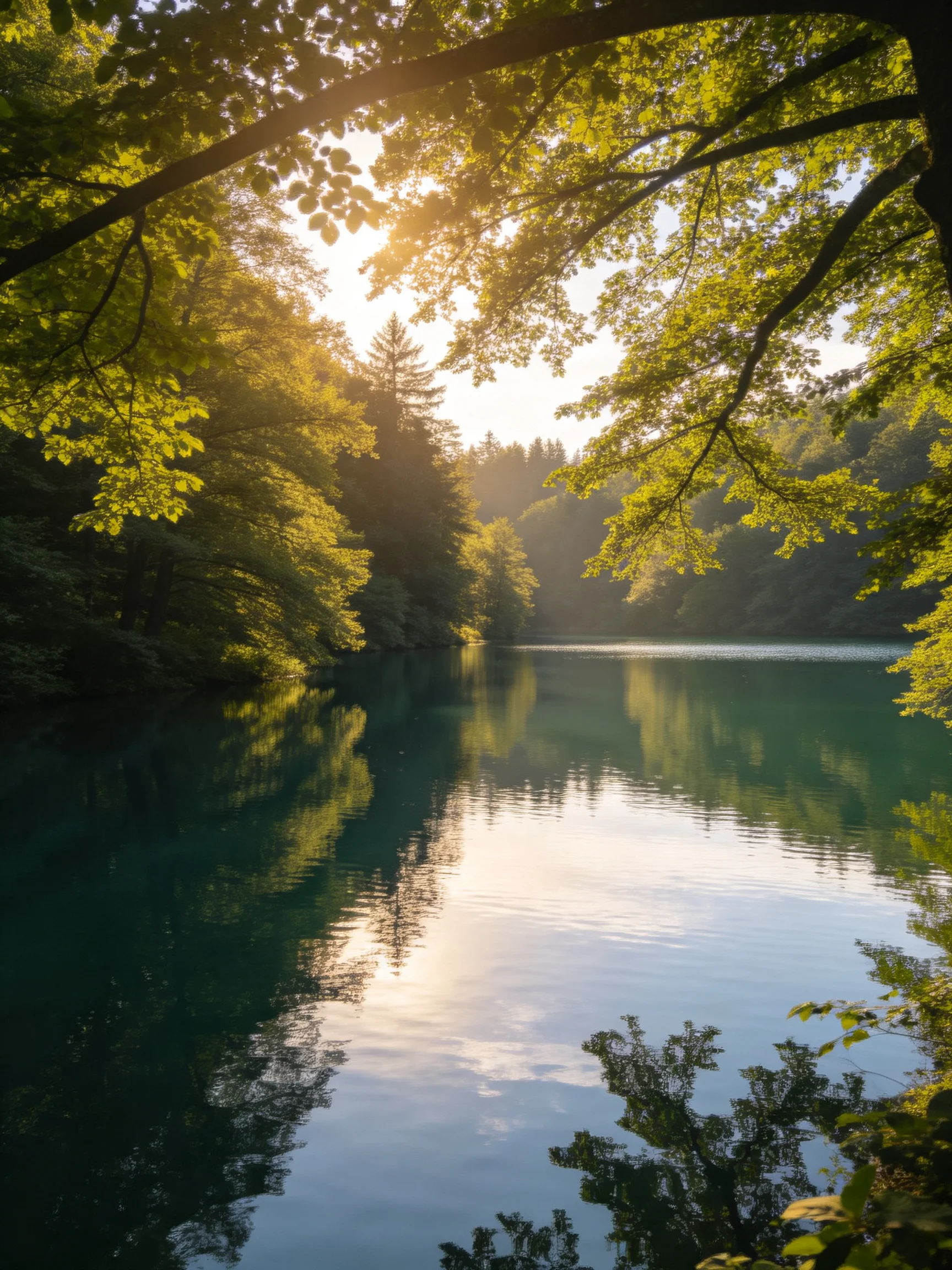 Sunlit River with Turquoise Water and Lush Green Canopy