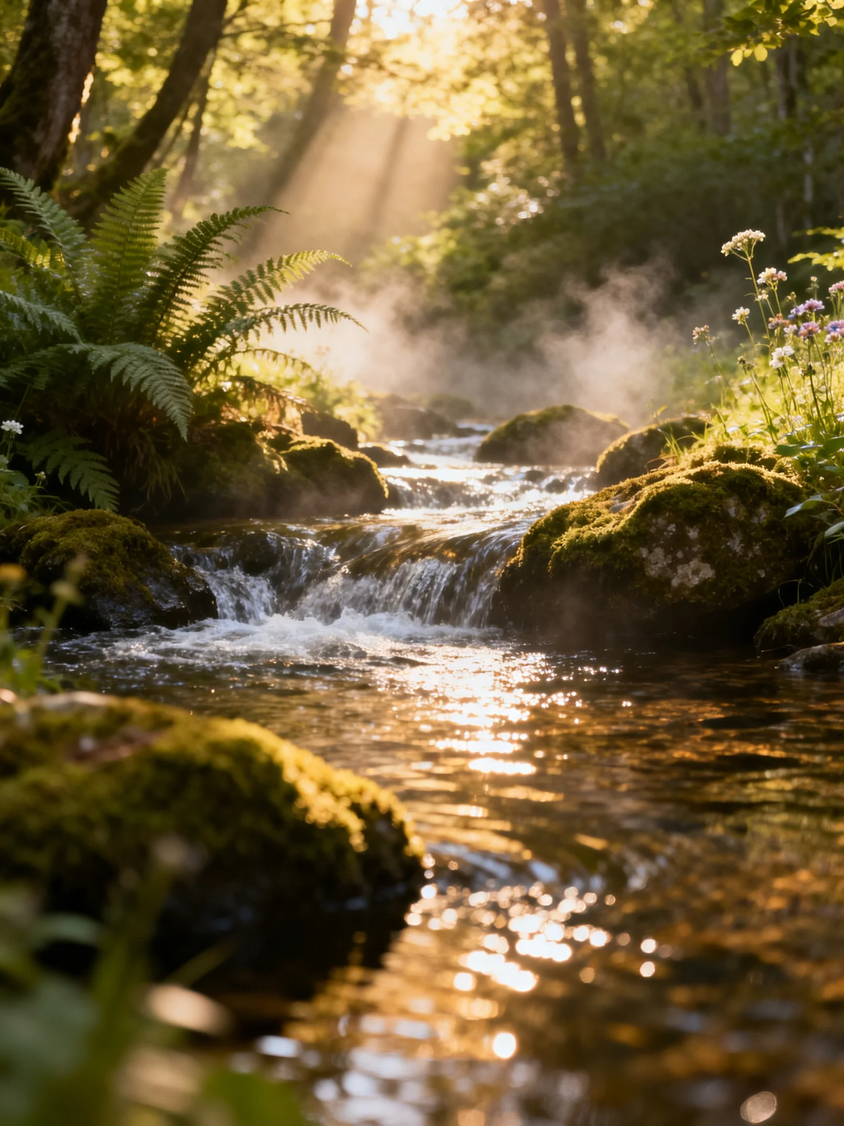 Sunlit Stream with Moss-Covered Rocks and Ferns