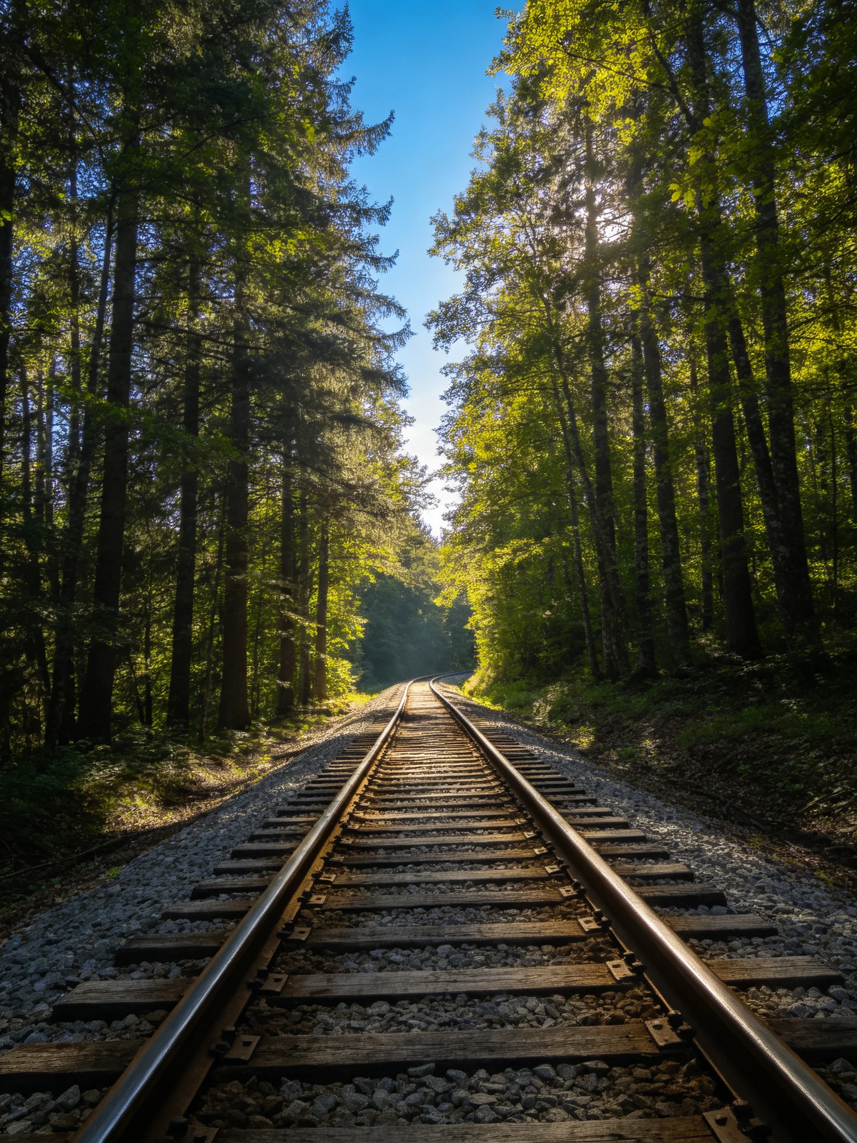 Sunlit Train Tracks Cutting Through Dense Green Forest
