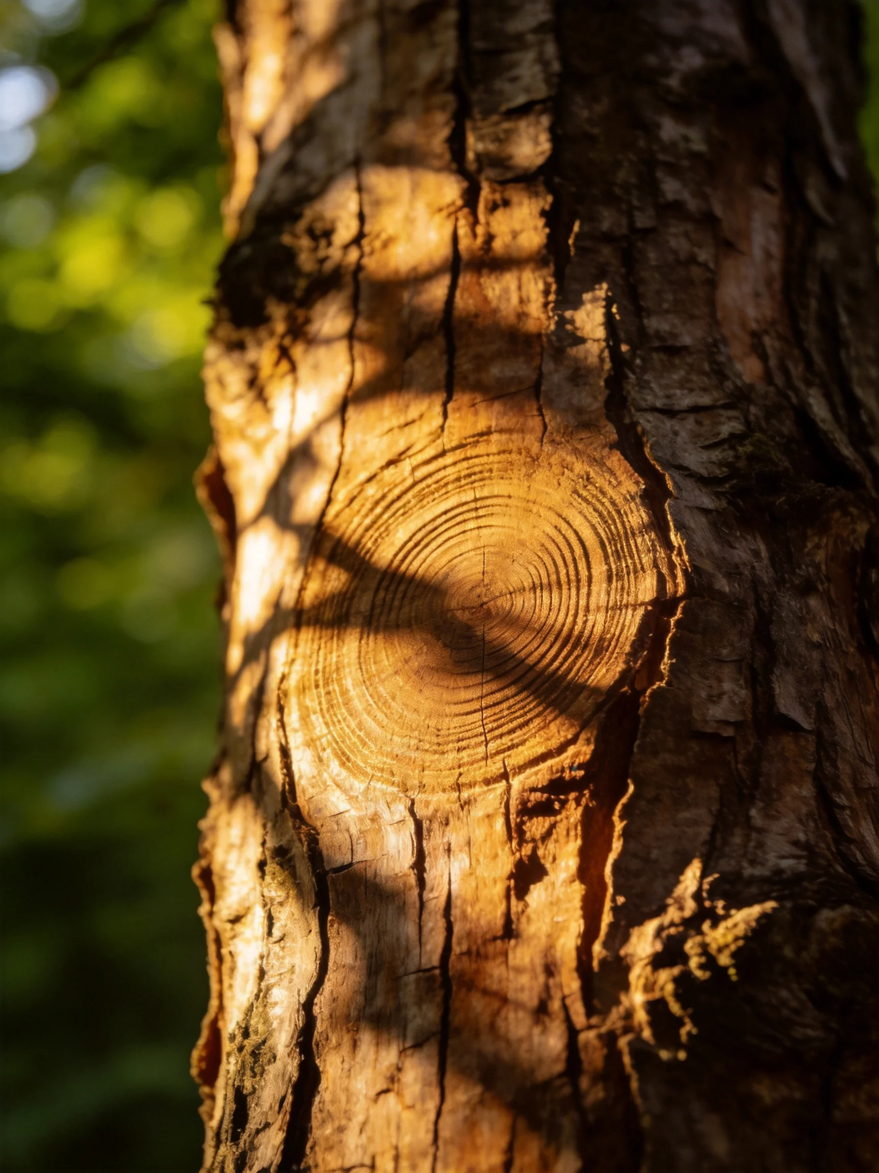 Sunlit Tree Trunk with Prominent Growth Rings and Textured Bark
