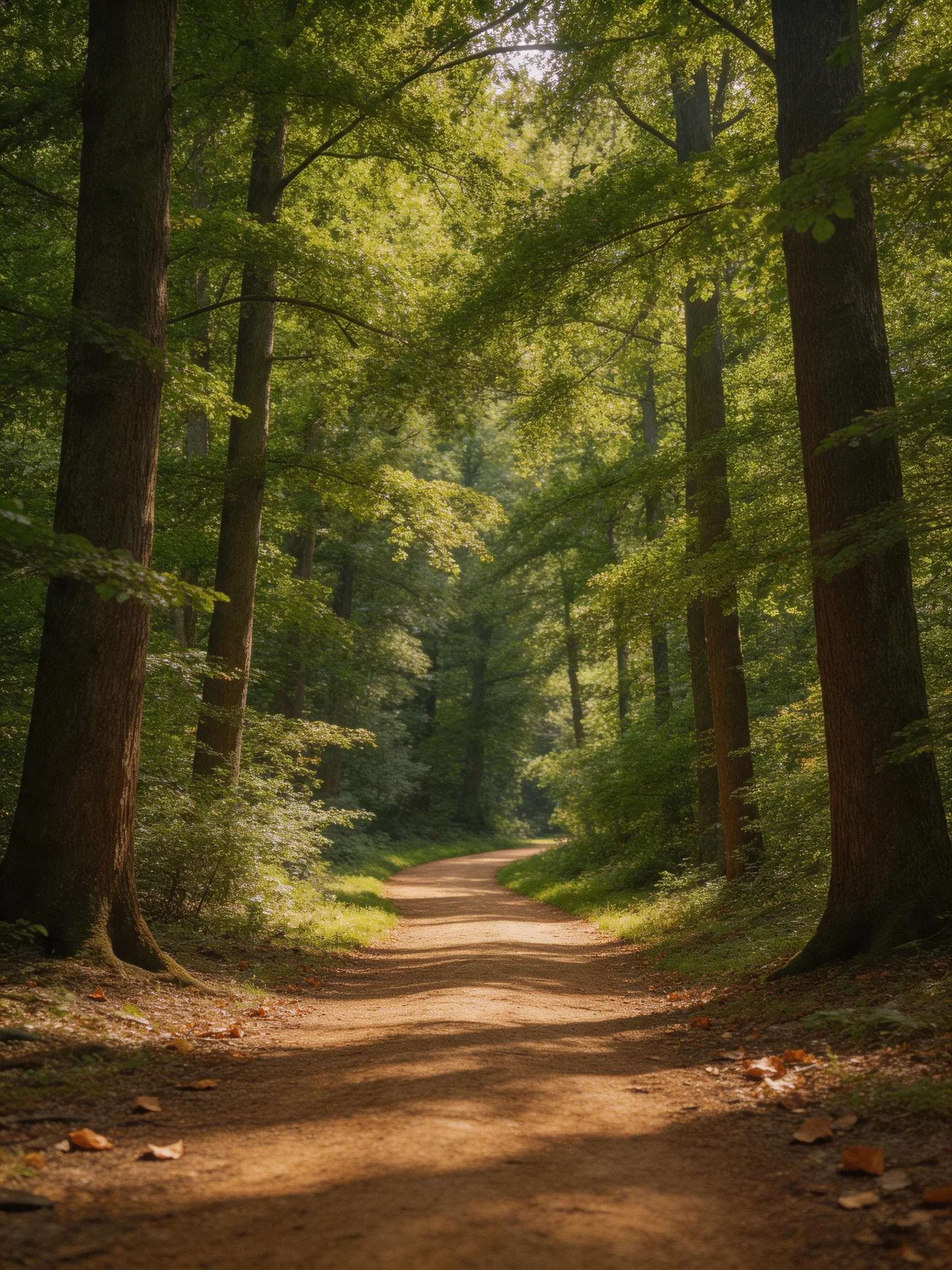 Sunlit dirt path winding through lush green forest trees