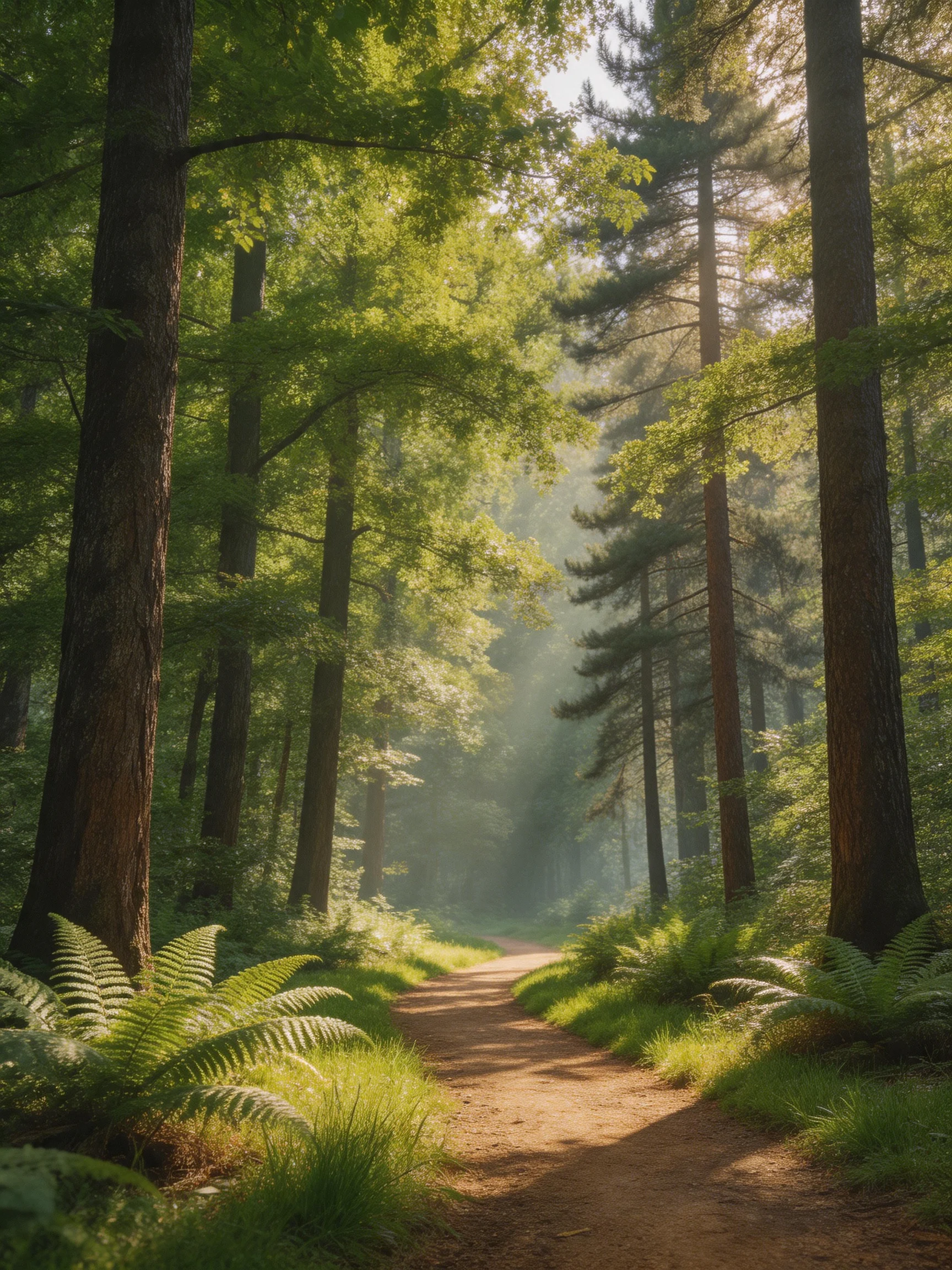 Sunlit dirt path winding through tall green forest trees