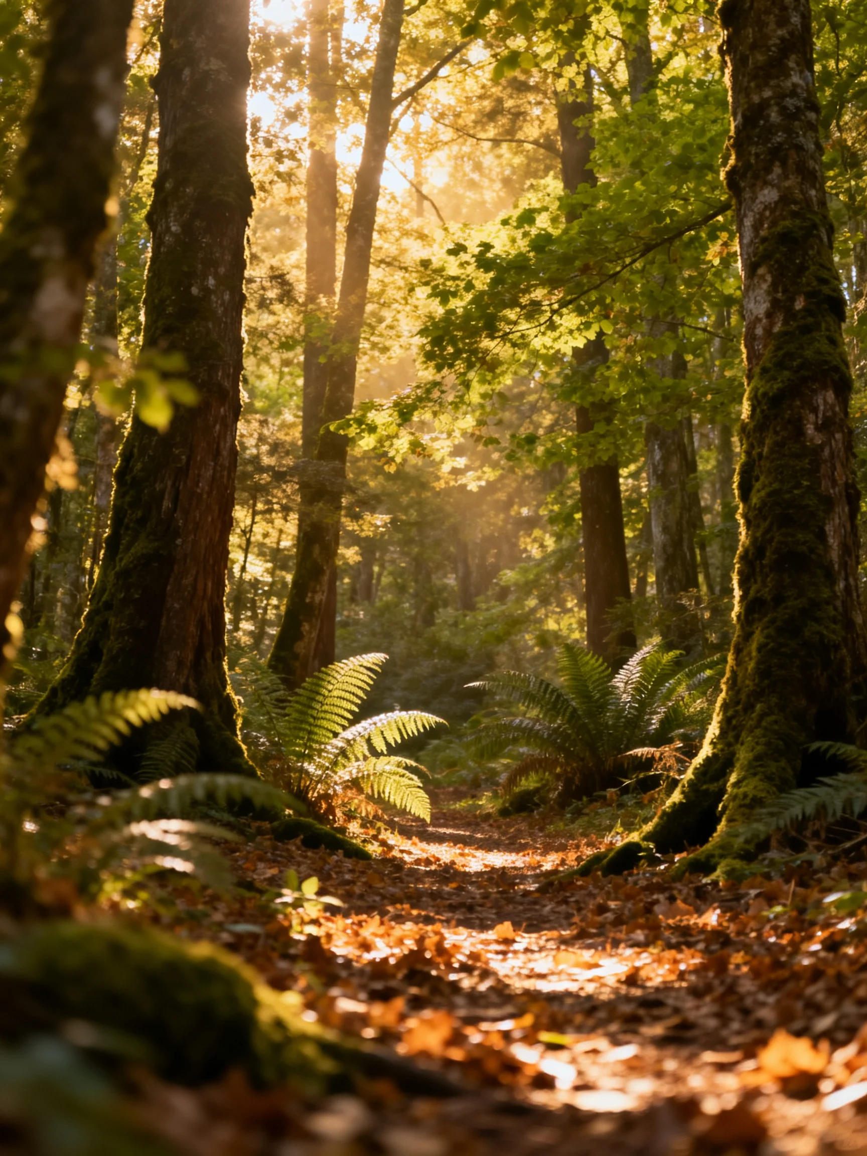 Sunlit forest Trail with Moss-Covered Trees and Ferns