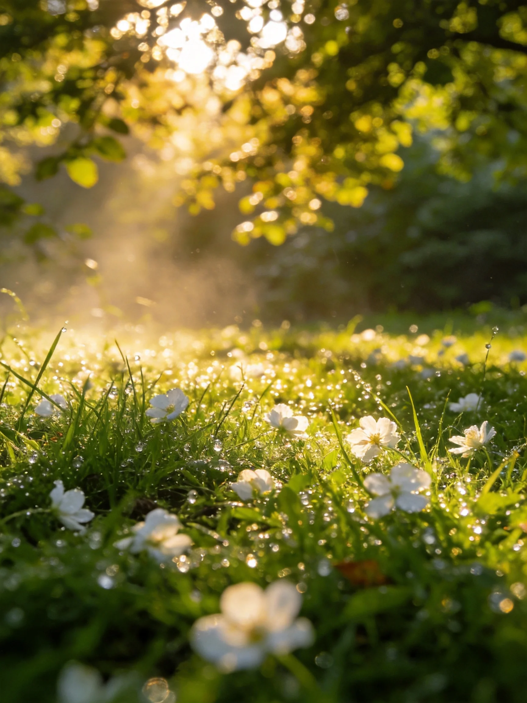 Sunlit forest edge with dewy grass and white wildflowers