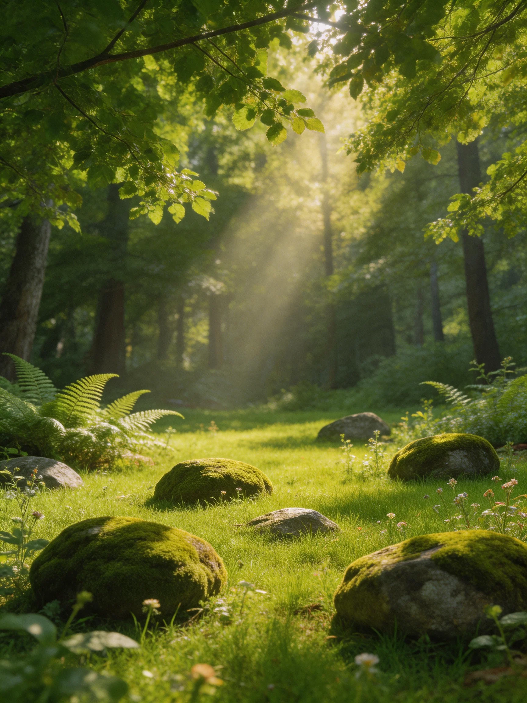 Sunlit forest glade with mossy rocks and ferns