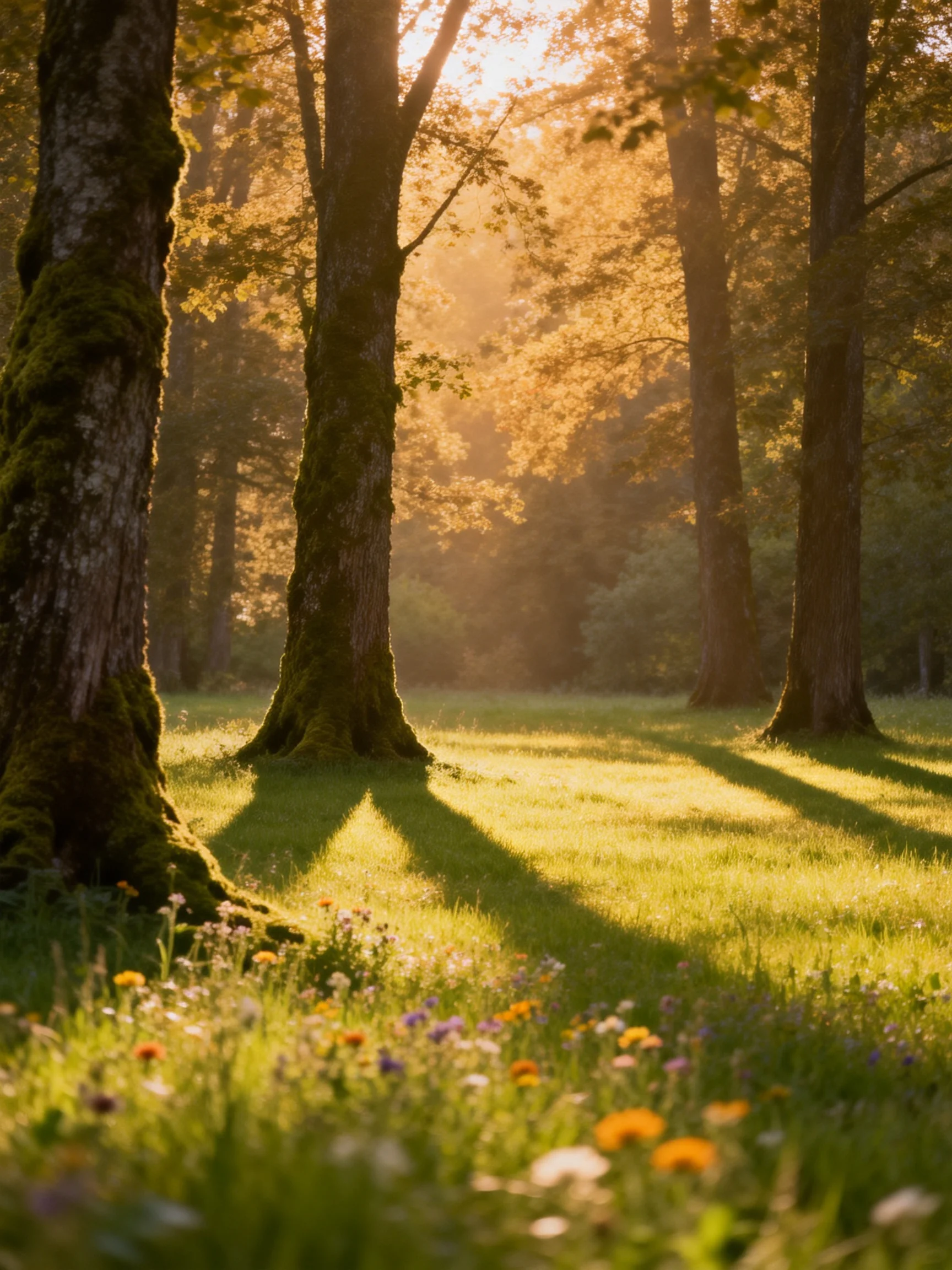 Sunlit forest glade with mossy trees and colorful wildflowers