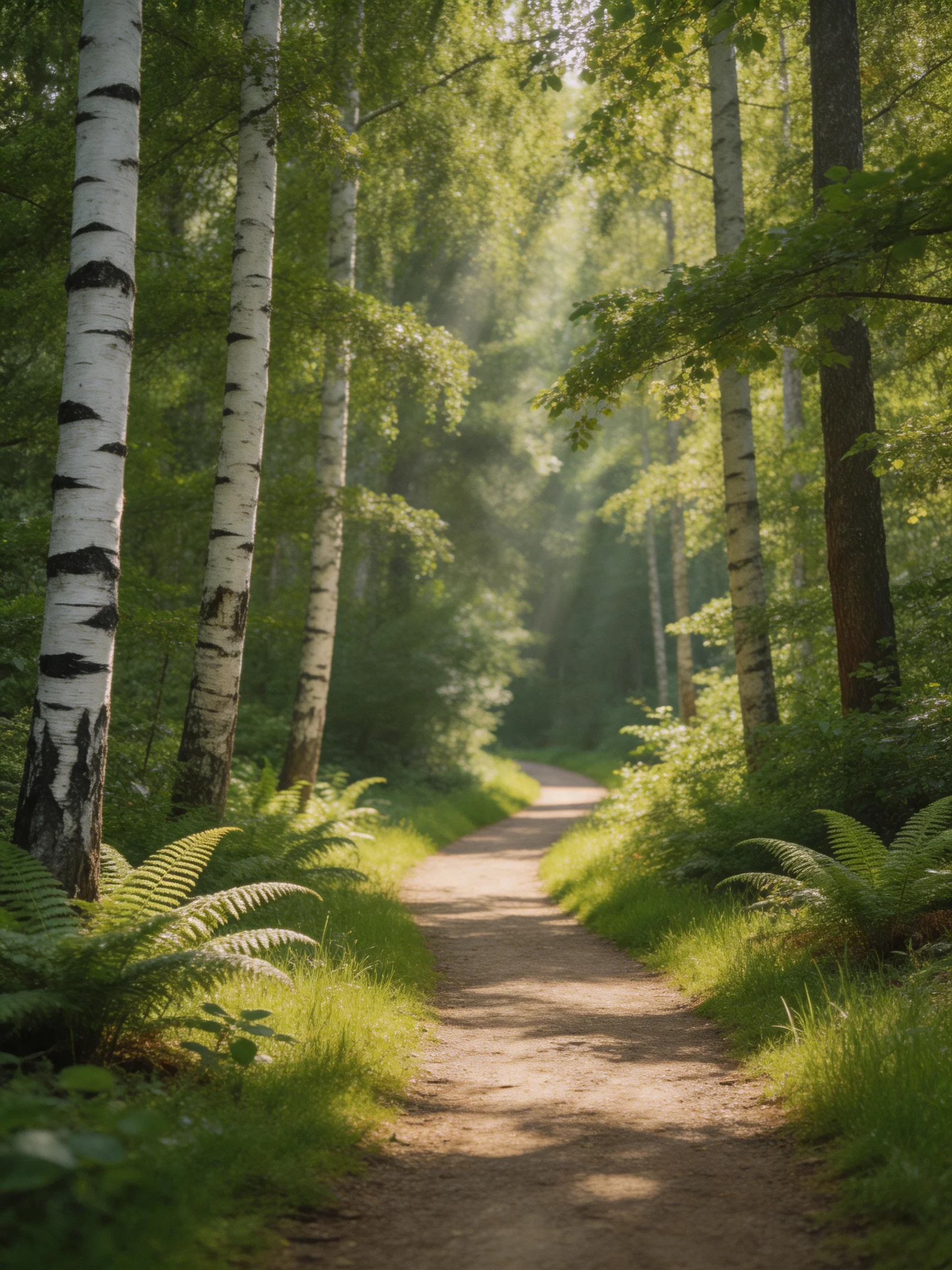 Sunlit forest path bordered by white-barked birches and ferns