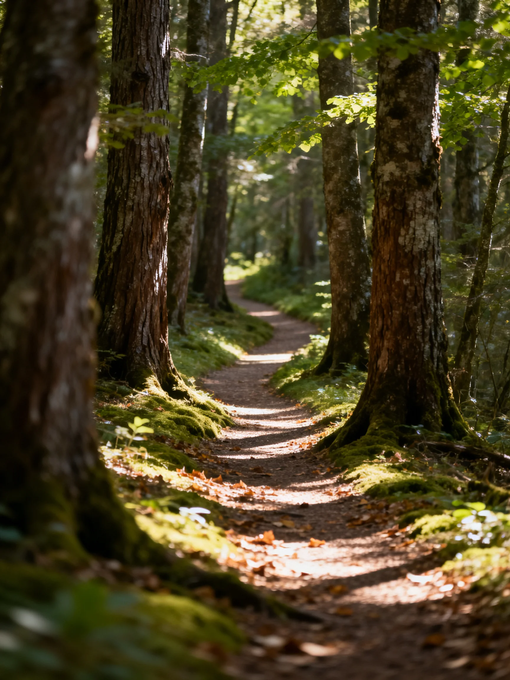 Sunlit forest path flanked by tall brown-trunked trees with green moss