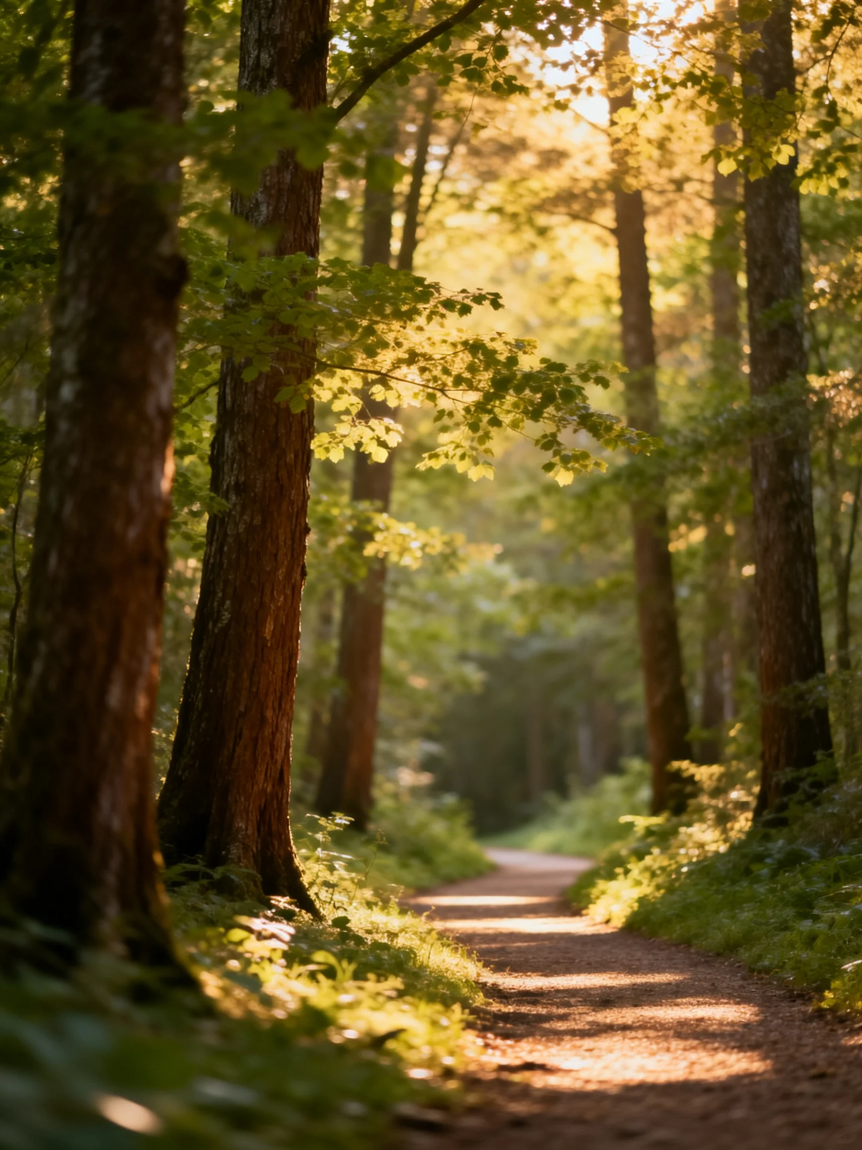 Sunlit forest path lined by tall brown trees and greenery