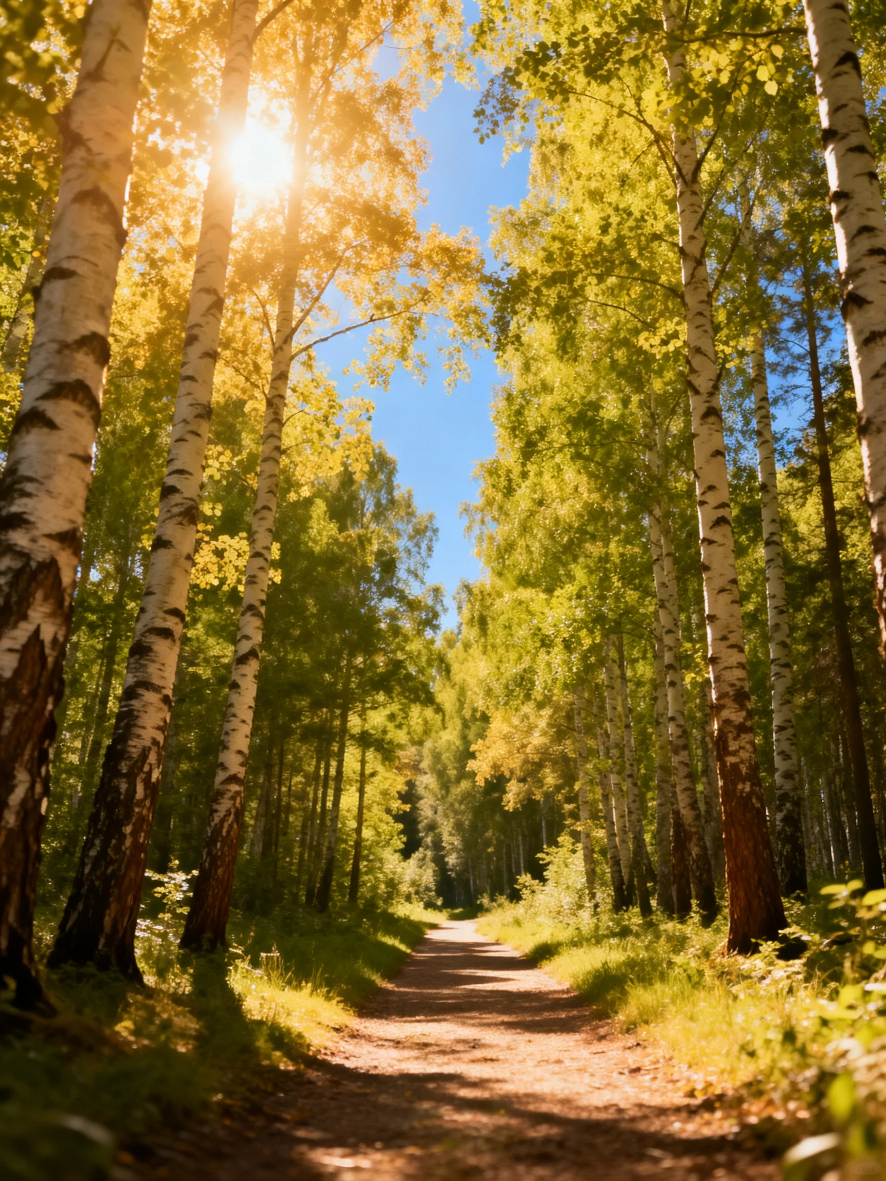 Sunlit forest path lined with tall birch trees and greenery