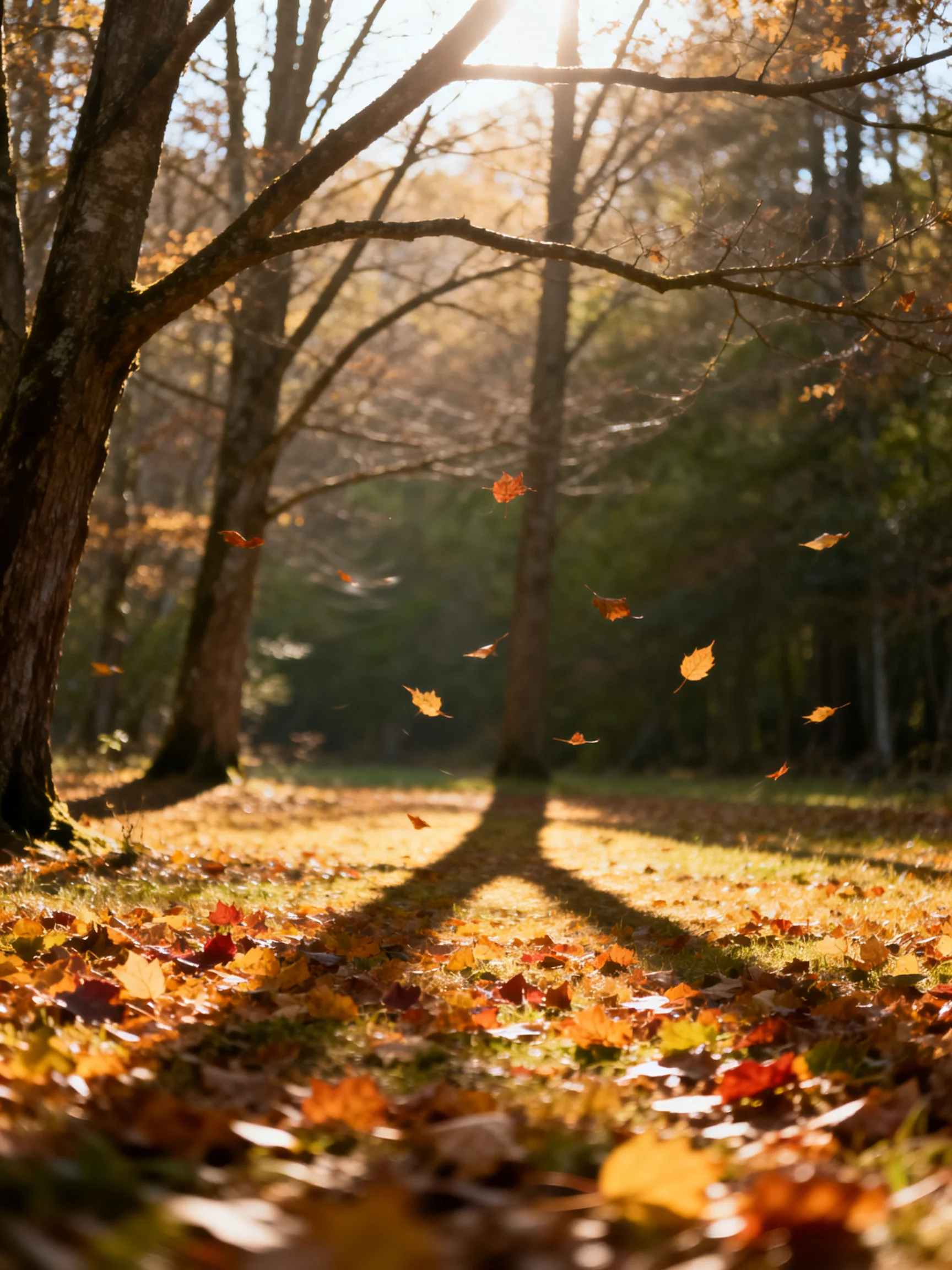 Sunlit forest path with golden autumn leaves and falling foliage