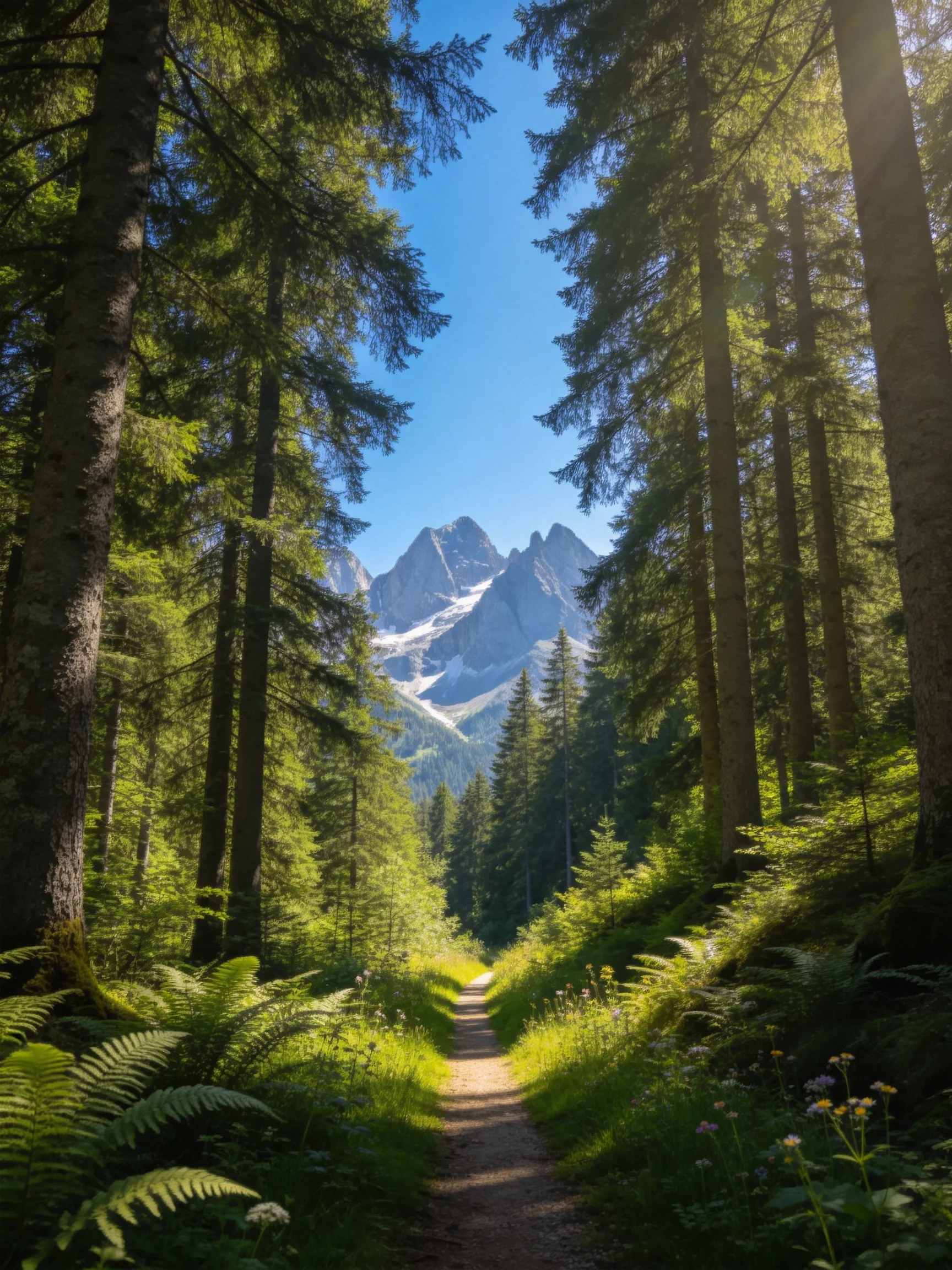 Sunlit forest path with lush greenery leads to snow-capped mountains