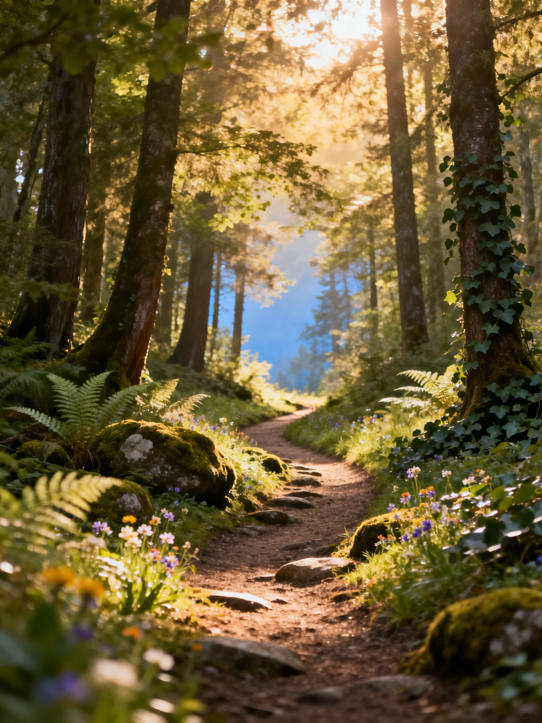 Sunlit forest path with mossy rocks and wildflowers
