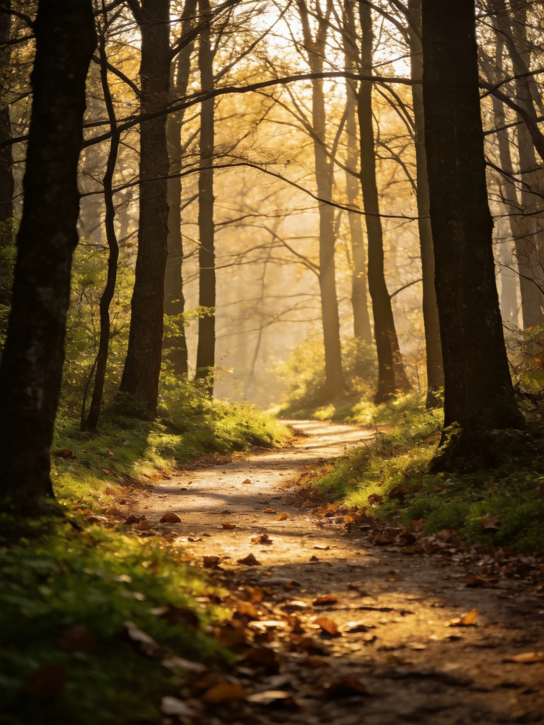 Sunlit forest path with tall trees and golden light
