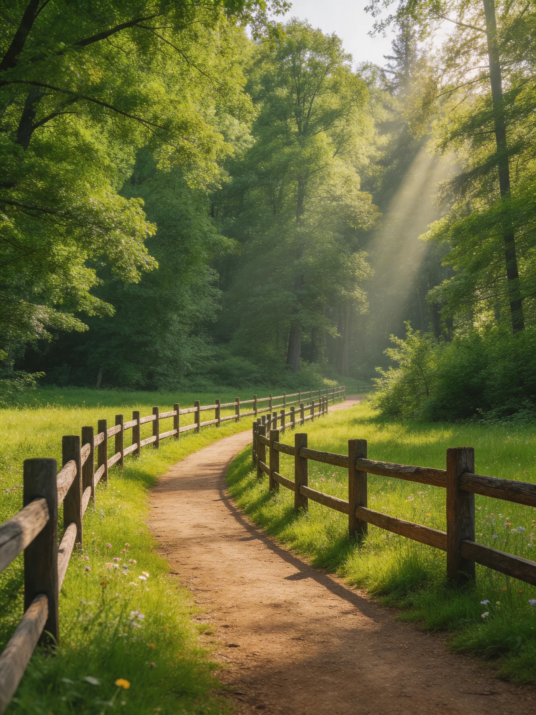 Sunlit forest path with wooden fence and lush greenery