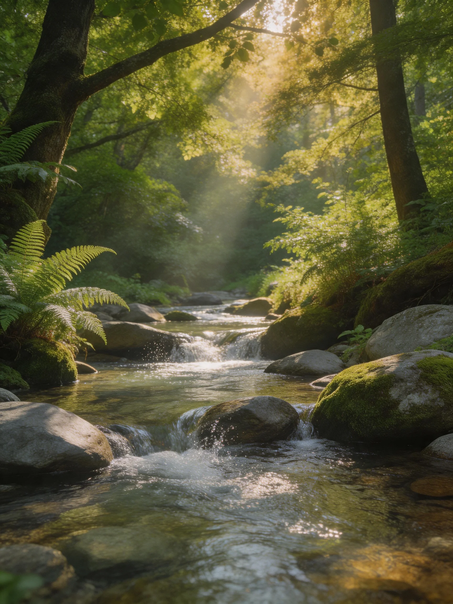 Sunlit forest stream flows over mossy rocks among dense greenery