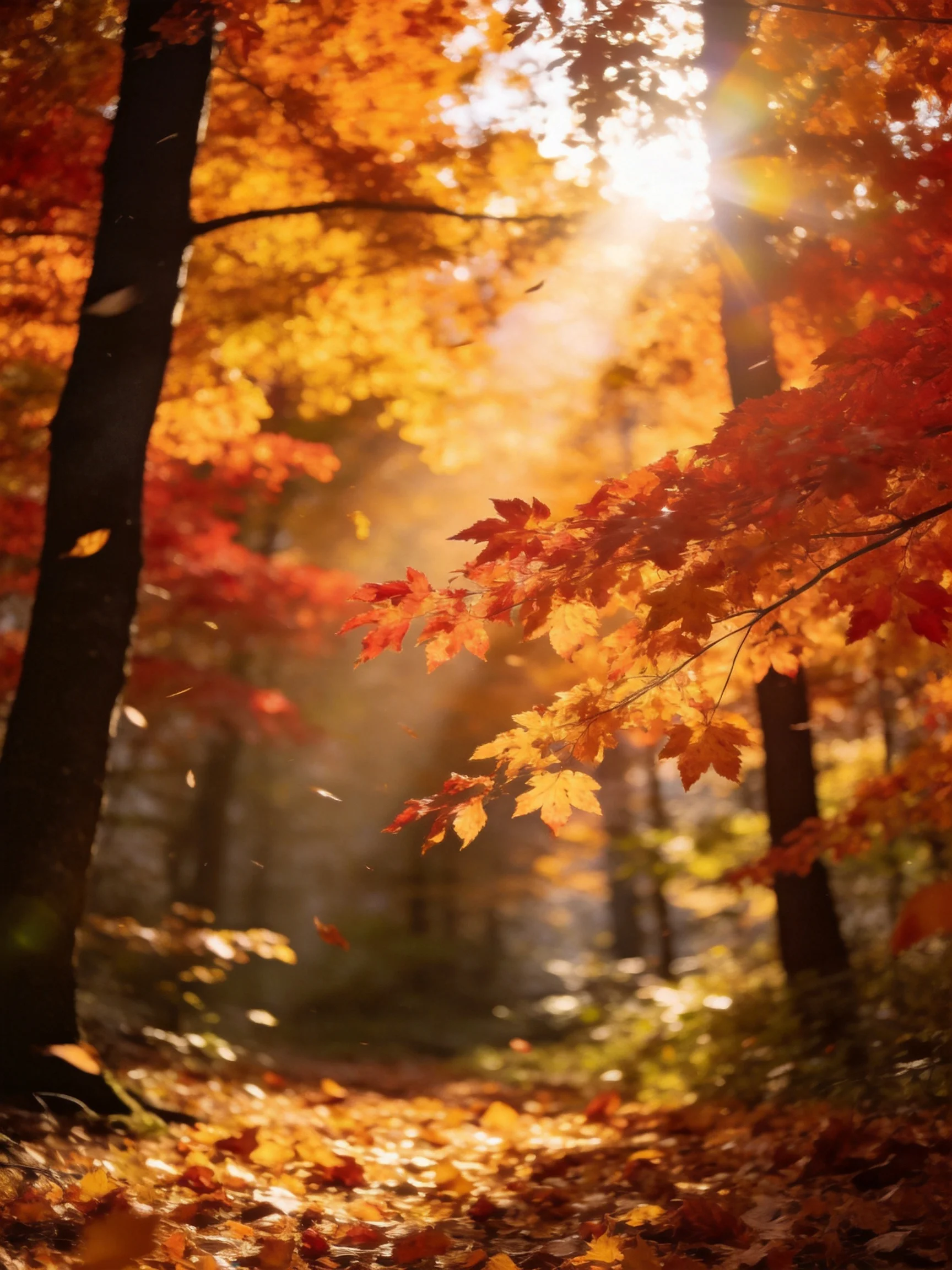 Sunlit forest with golden and crimson autumn foliage