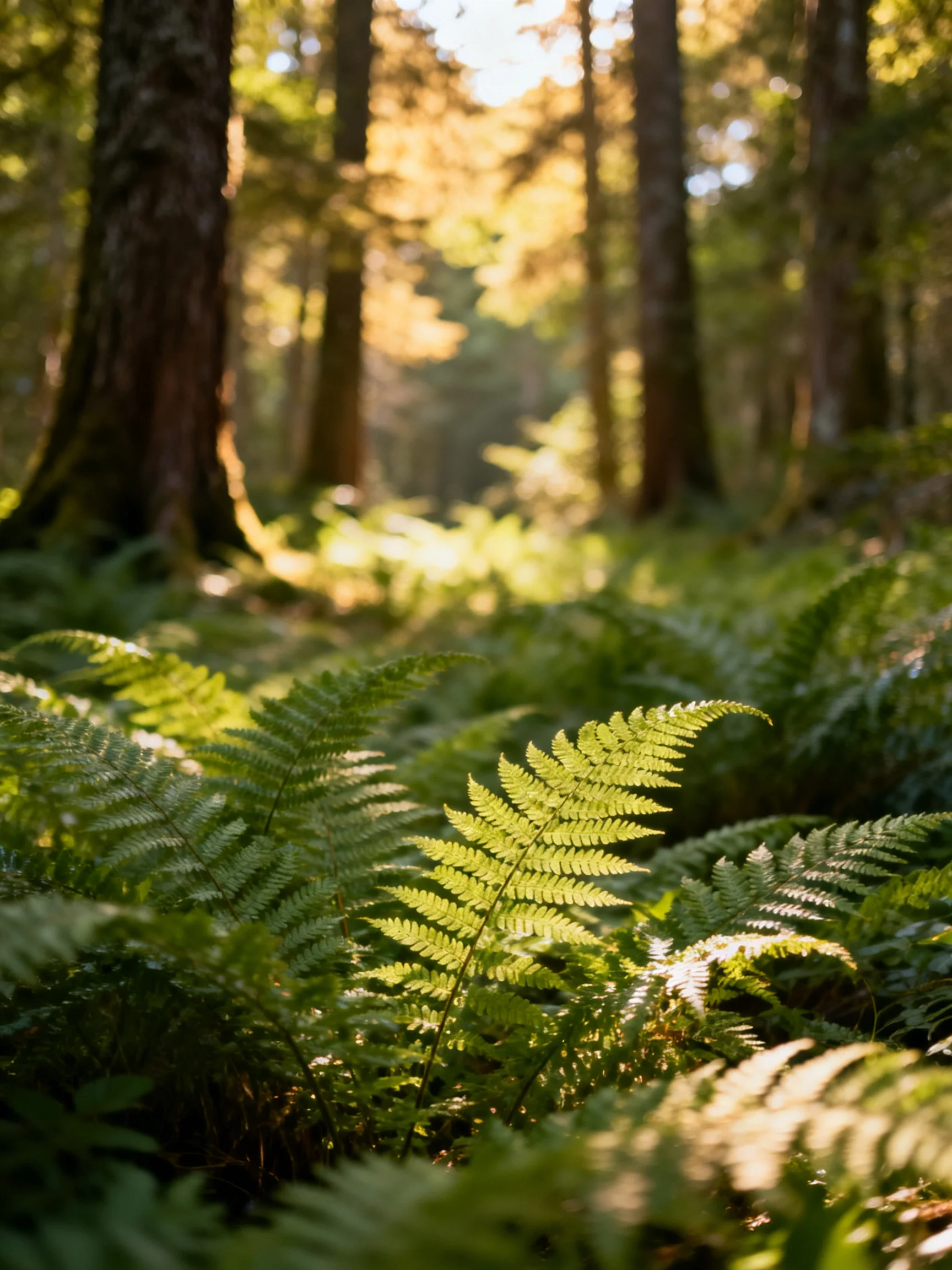 Sunlit forest with lush green ferns and tall brown trees