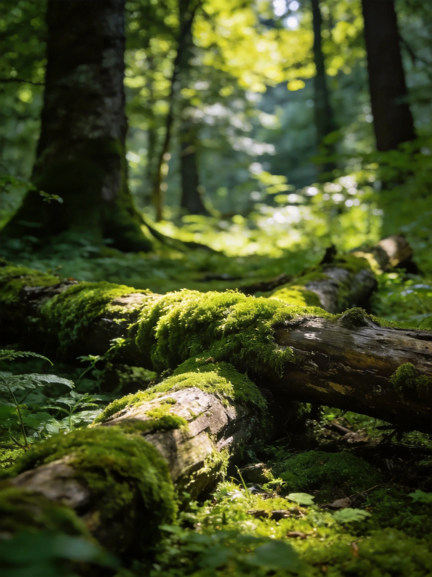 Sunlit forest with moss-covered fallen logs