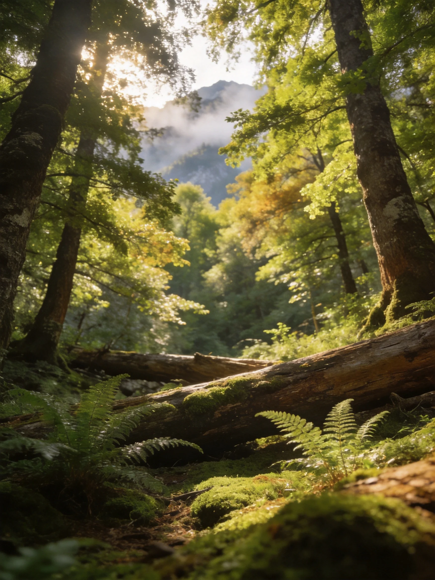 Sunlit forest with moss-covered logs and ferns