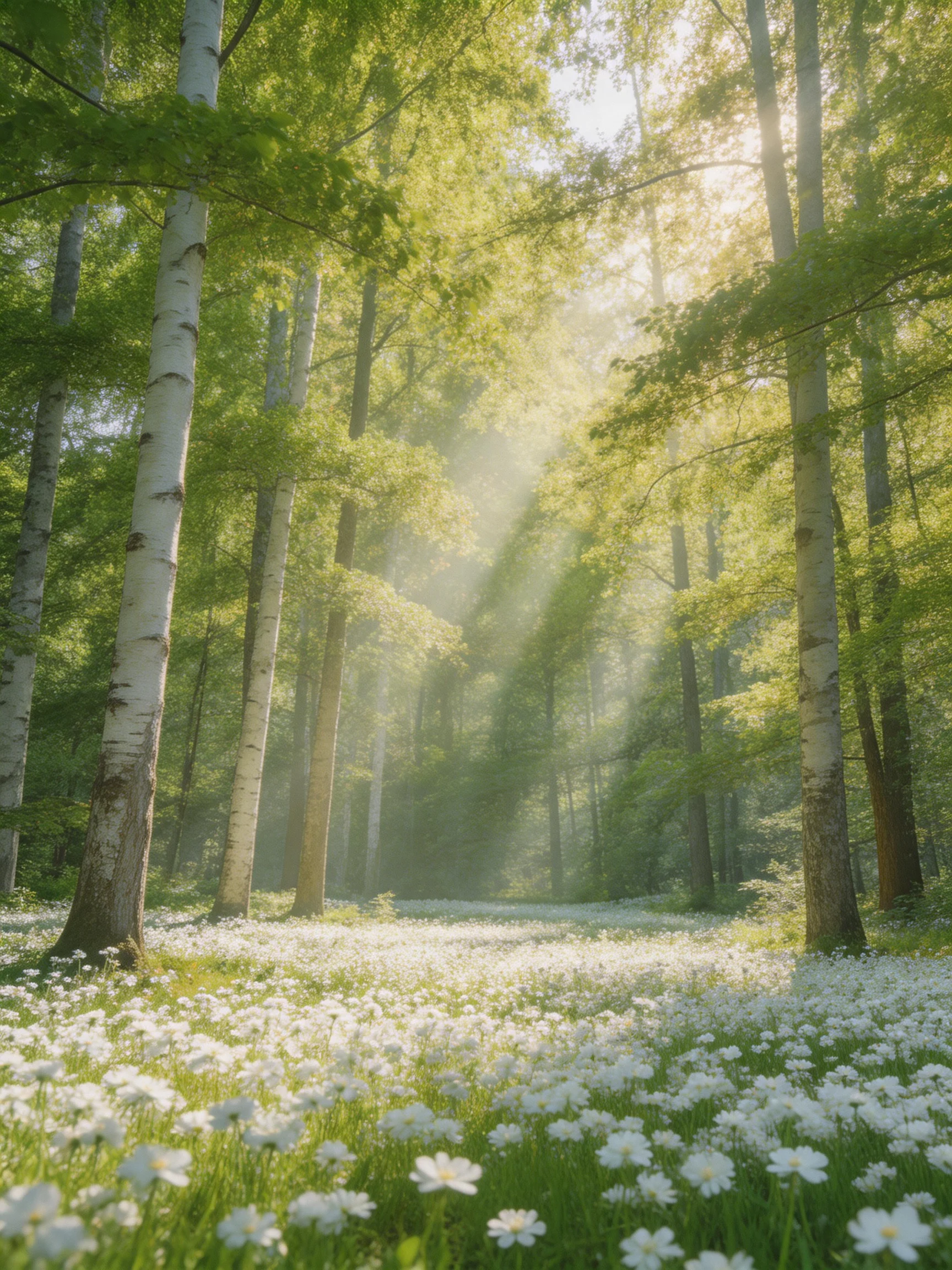 Sunlit forest with tall birch trees and white flower field