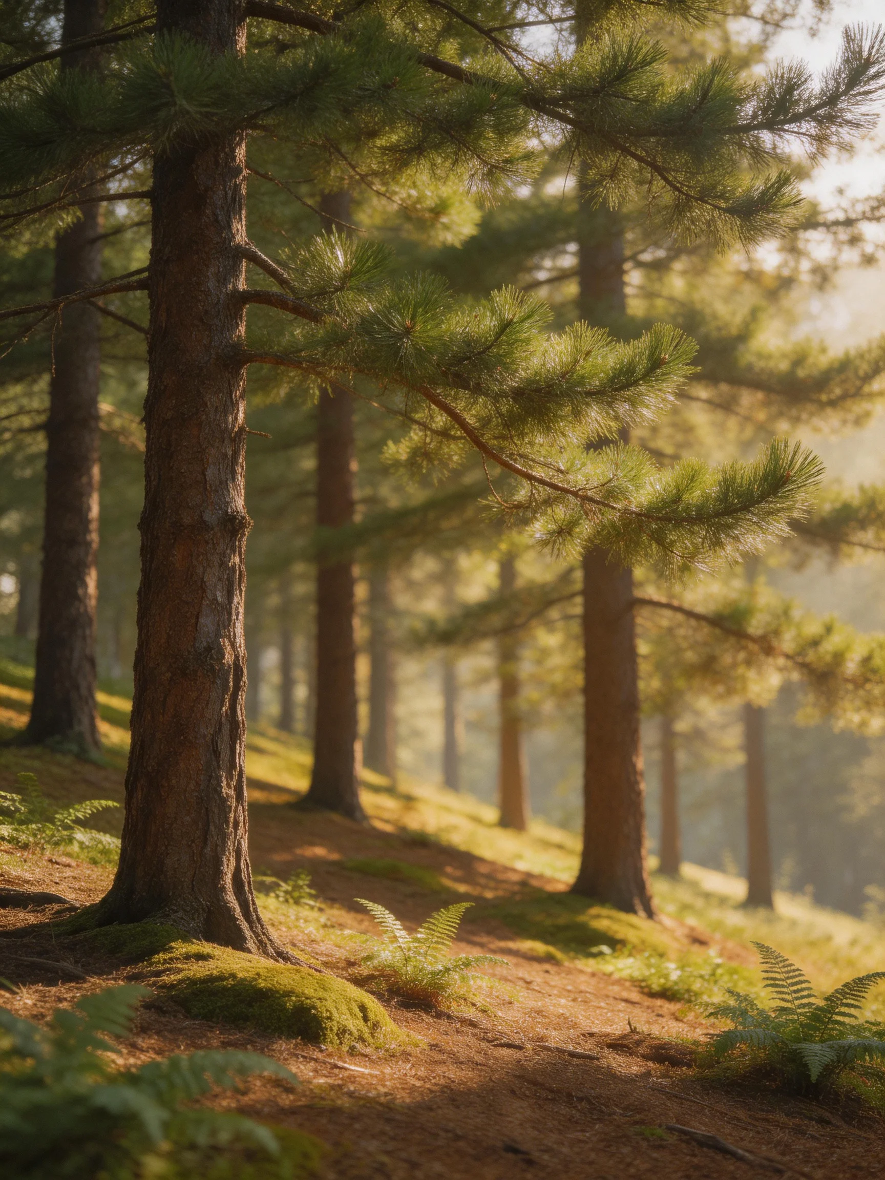 Sunlit forest with tall brown pine trees and green ferns