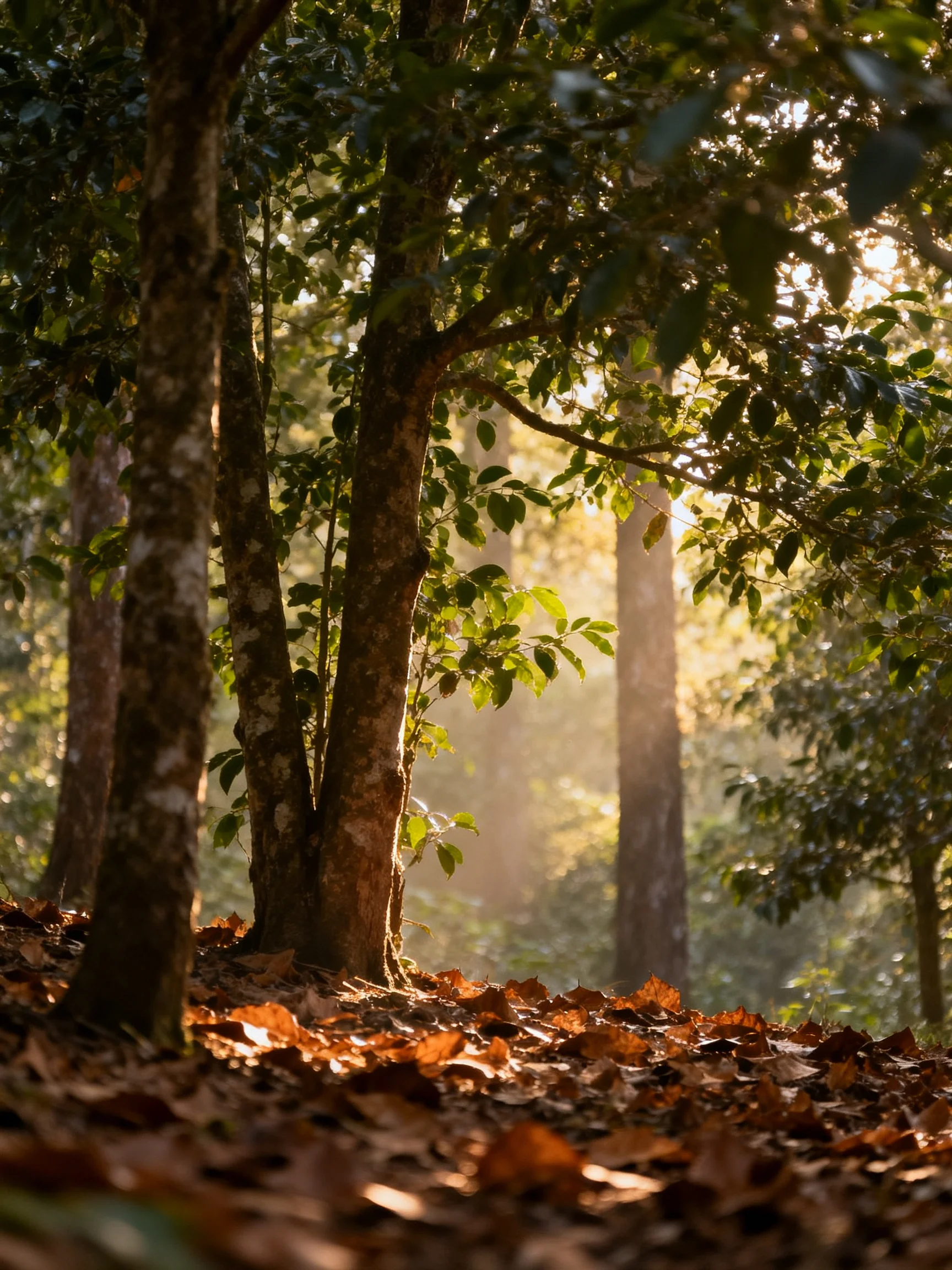 Sunlit forest with tall trees and golden fallen leaves