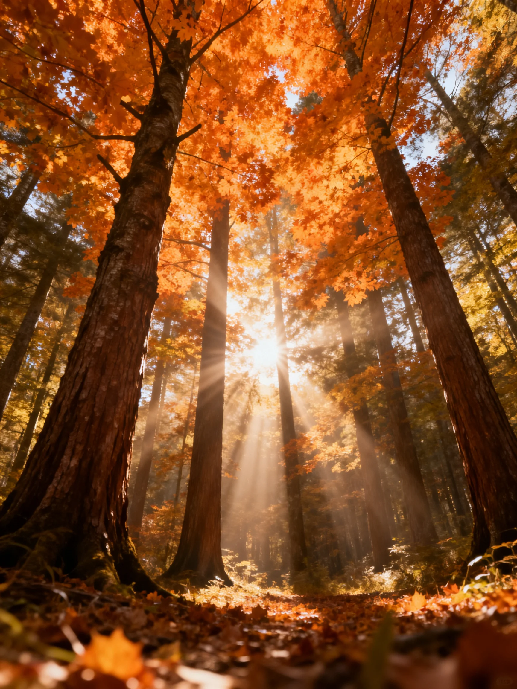 Sunlit forest with tall trees and vibrant orange foliage