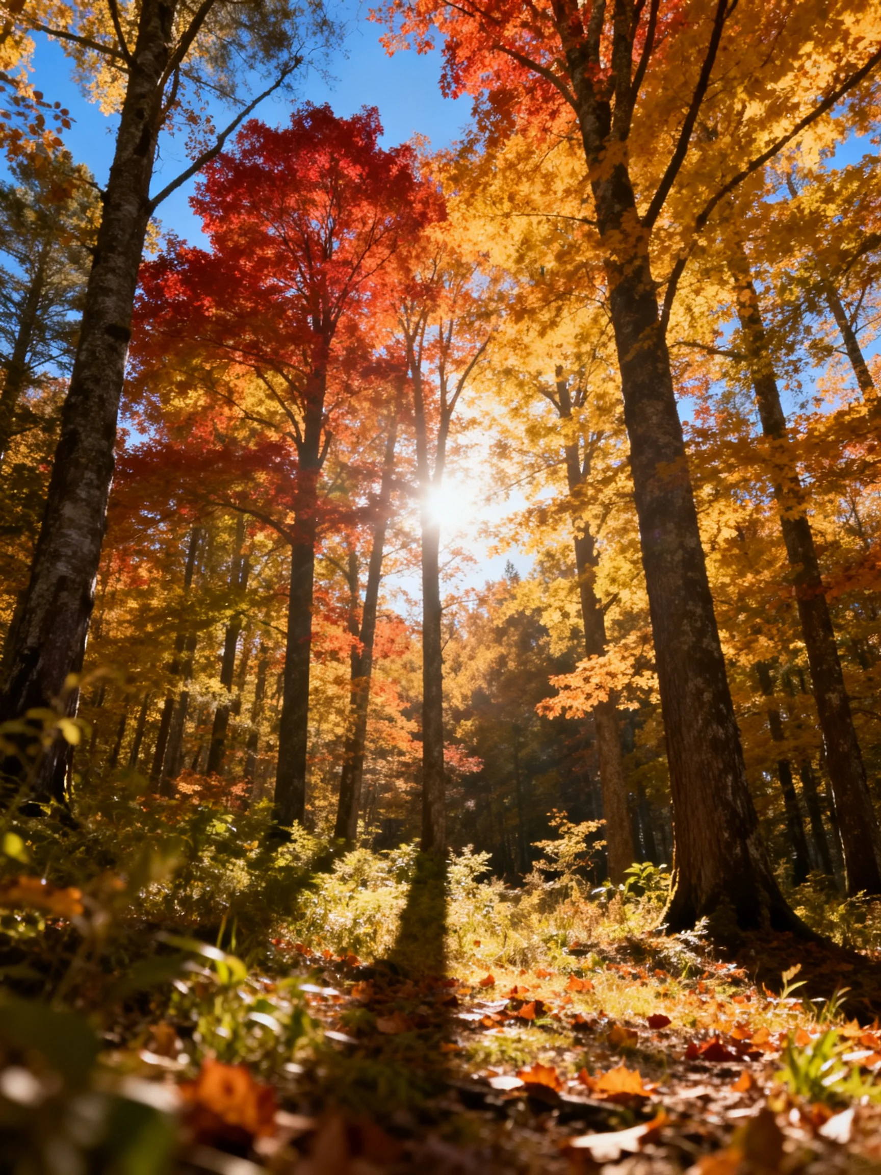 Sunlit forest with tall trees featuring red, golden, and amber autumn foliage