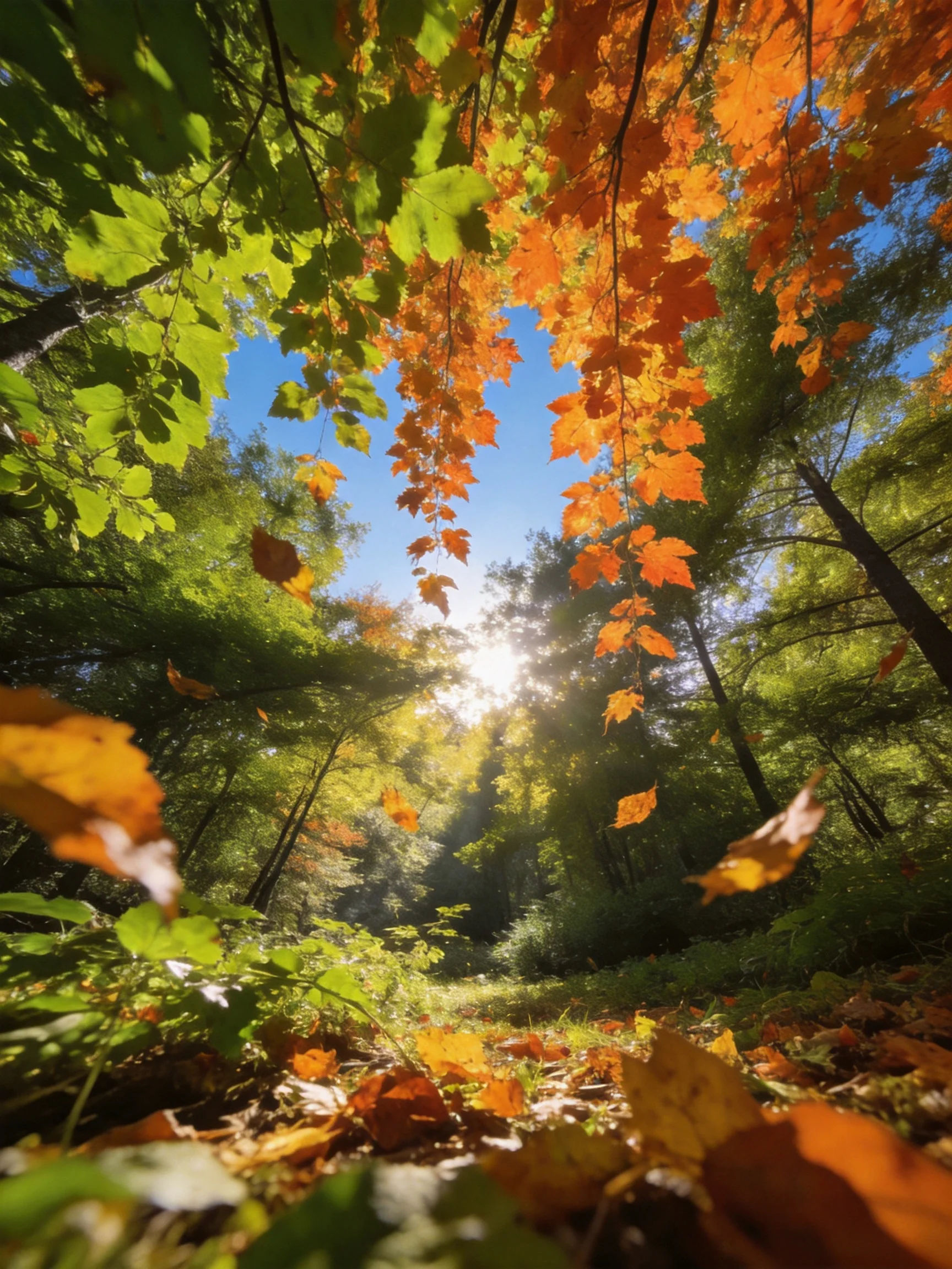 Sunlit forest with vibrant orange and green maple leaves